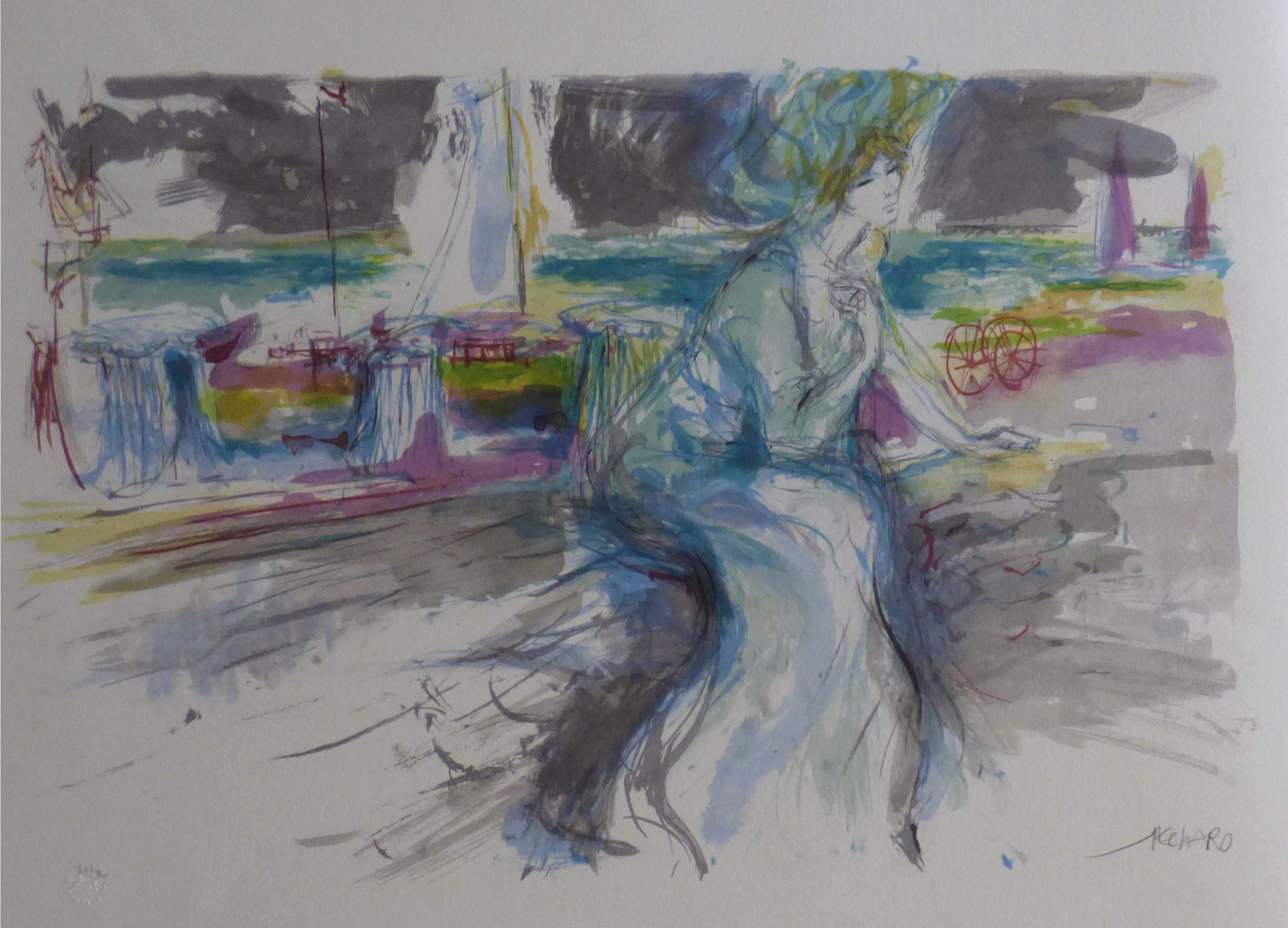 Jacques PECNARD - Femme à la plage, 1980 - Lithographie originale