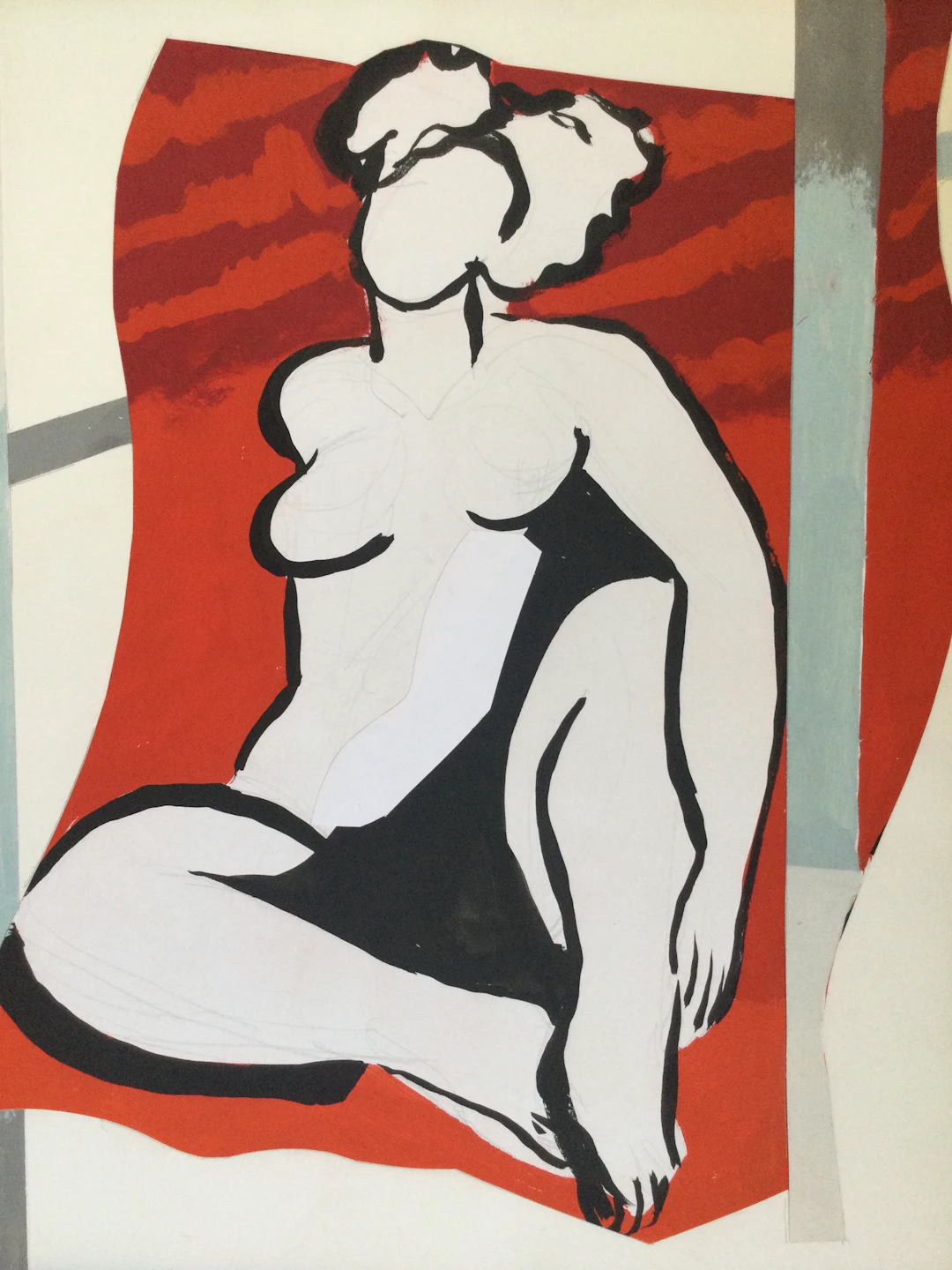 Claude BEAUJOUR - Nu sur fond rouge, 1994 - Gouache et collage signée