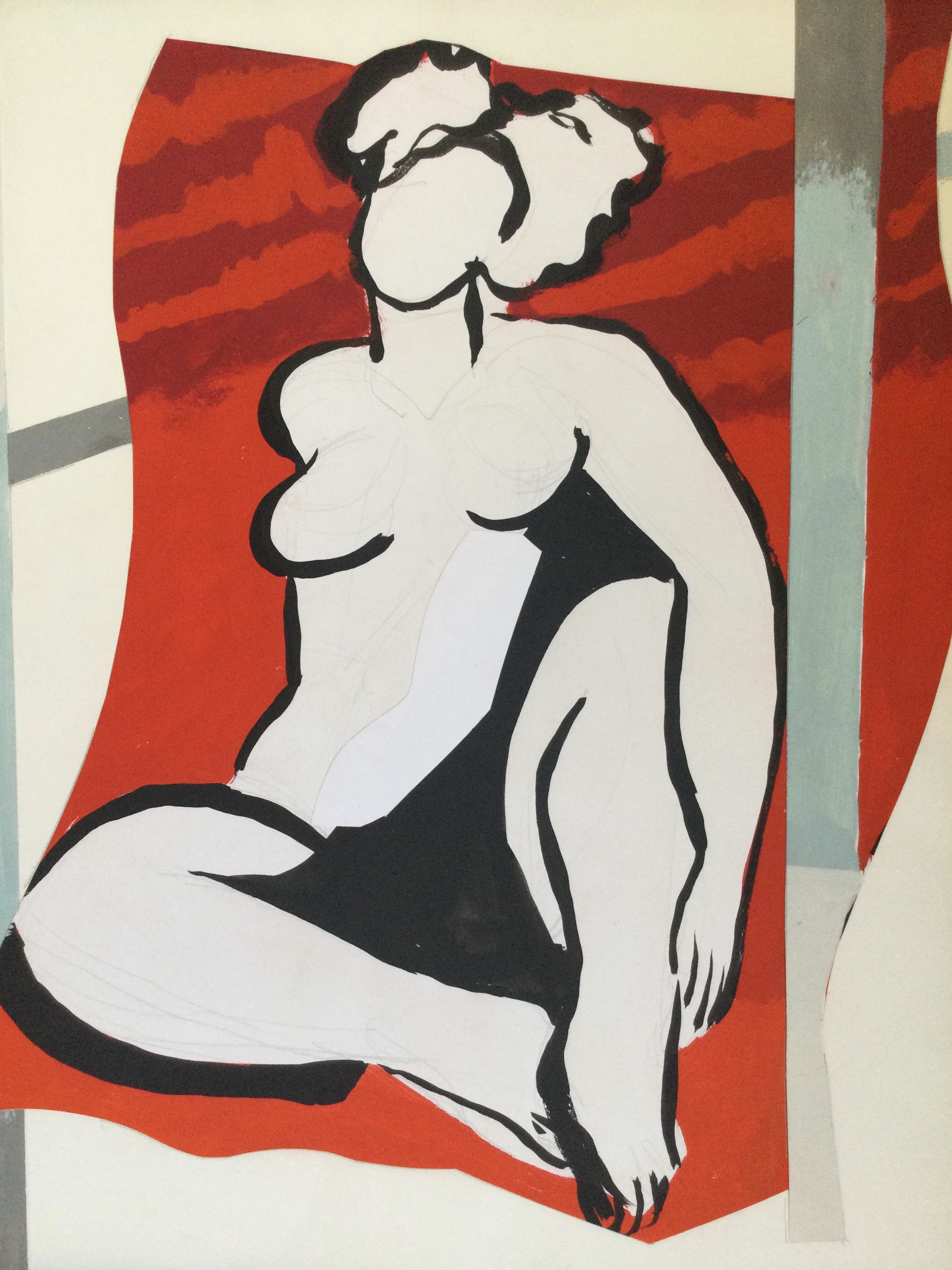Claude BEAUJOUR - Nu sur fond rouge, 1994 - Gouache et collage signée