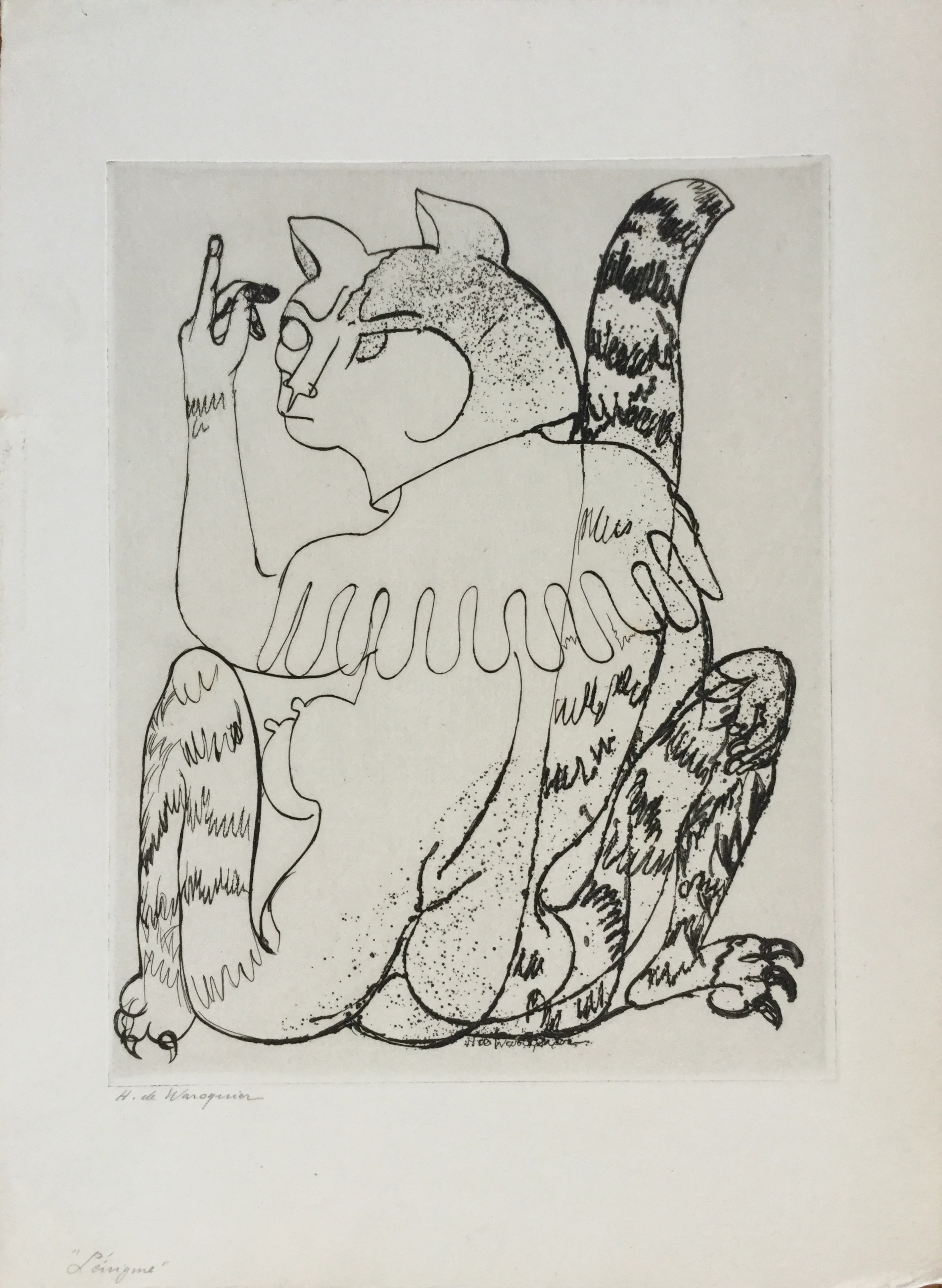 Henry de WAROQUIER - L’énigme ou la femme-chat ,1951 - Eau forte pointe