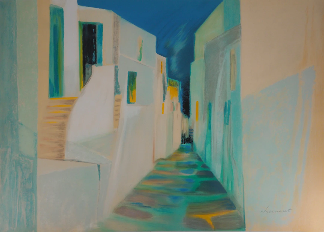 Claude HEMERET : Vieille rue à Santorin - Lithographie Originale Signée
