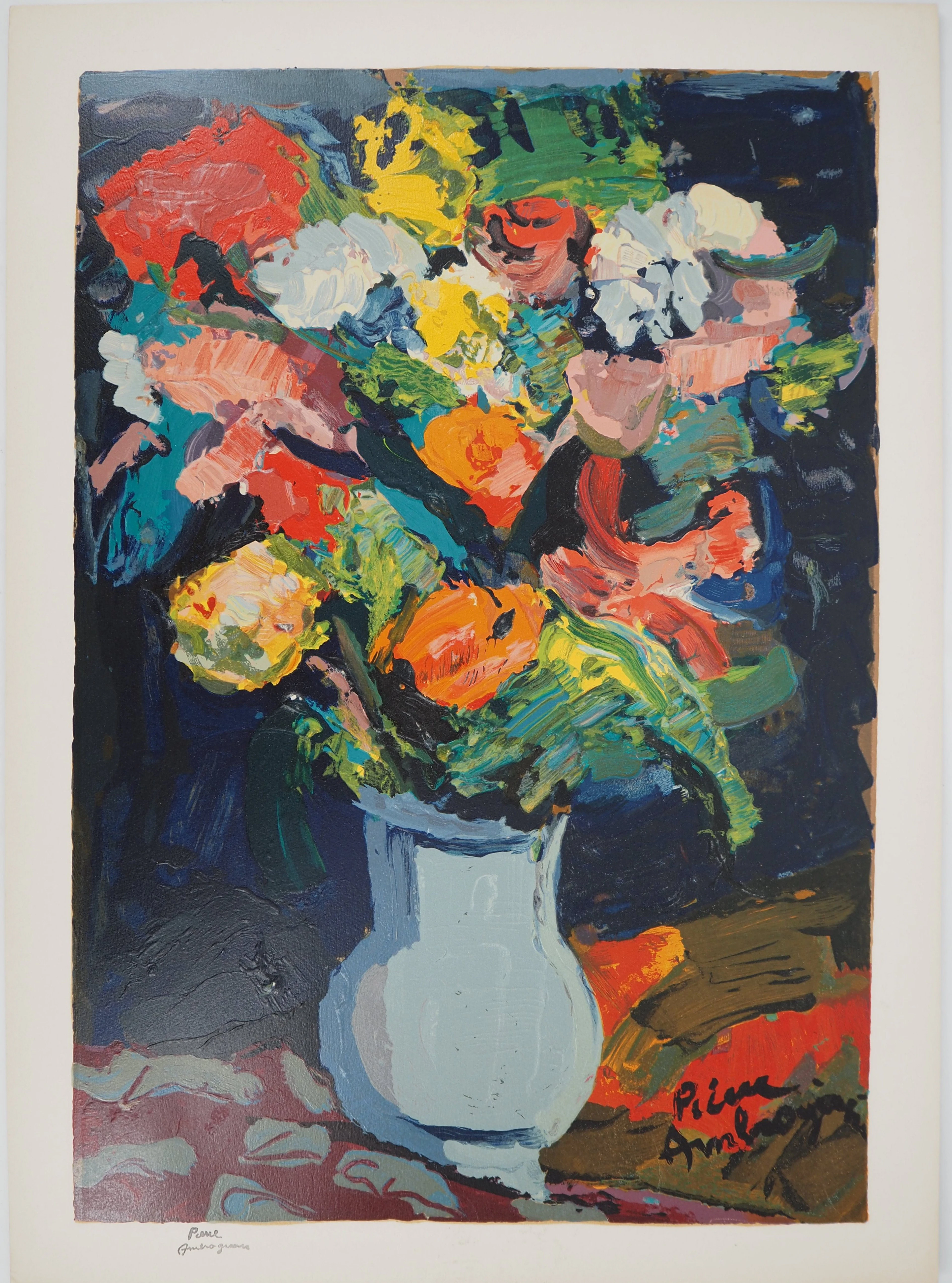 Pierre AMBROGIANI (1907-1985), Bouquet coloré - Bois gravé original Signé