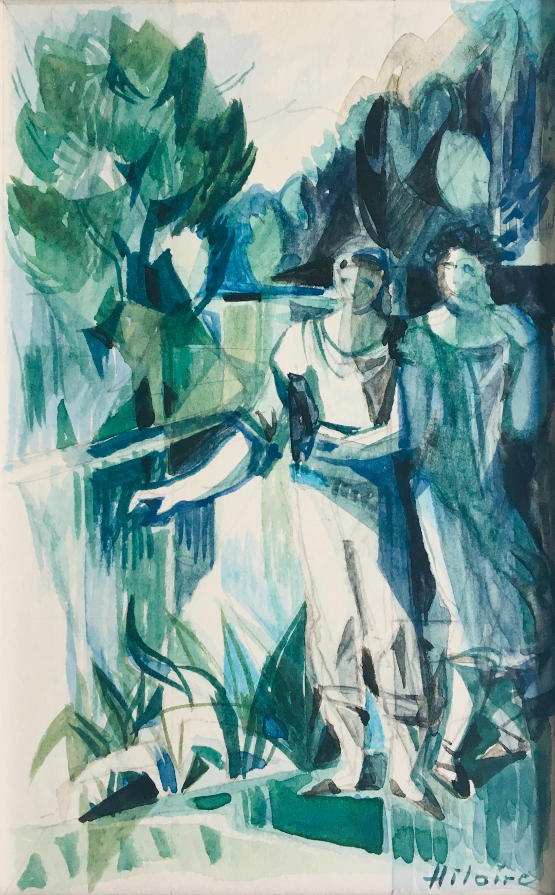 Camille HILAIRE - Promenade au bord de la Moselle, 1954 - Aquarelle