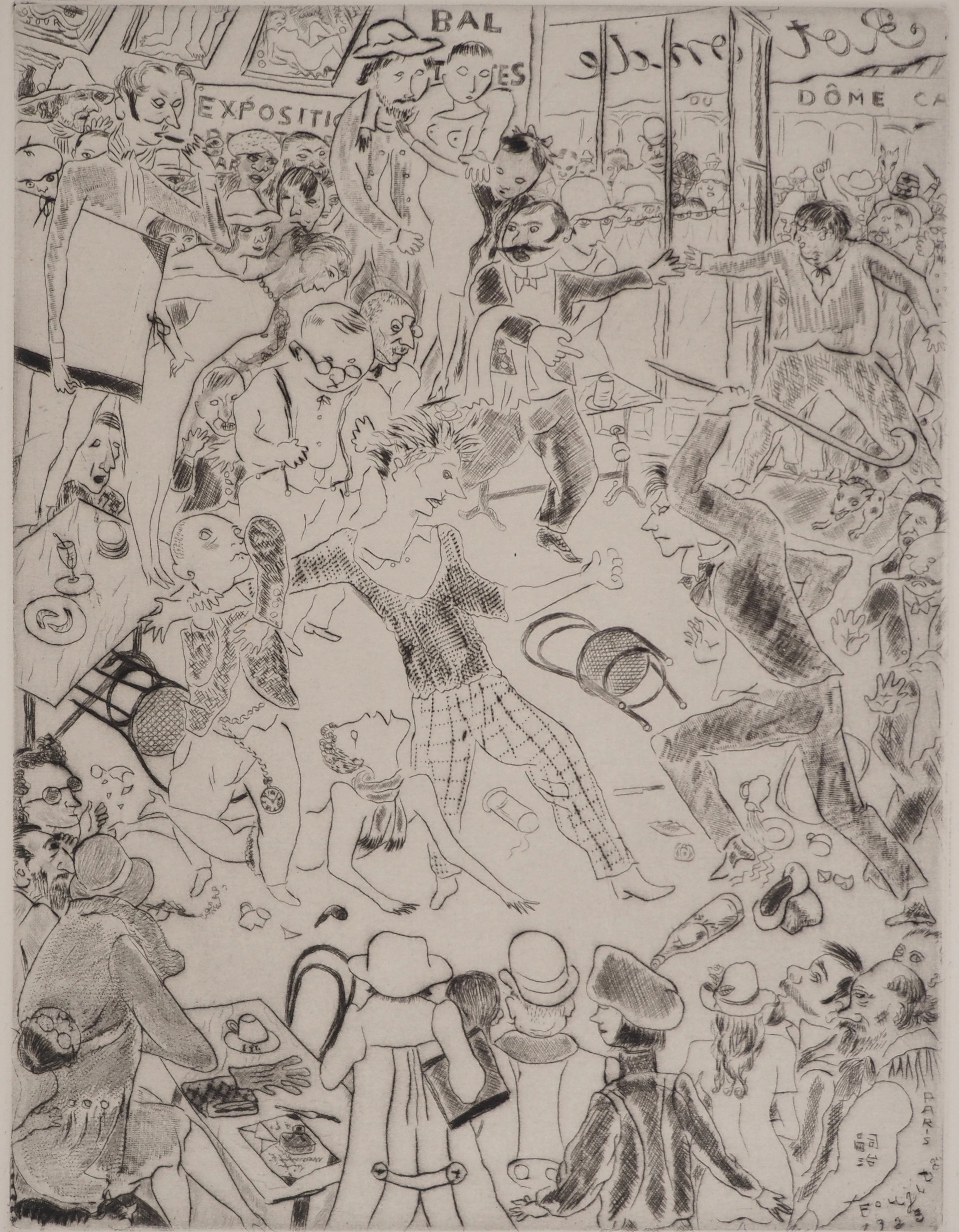 Léonard Tsuguharu FOUJITA : Le café de la Rotonde, Gravure originale signée