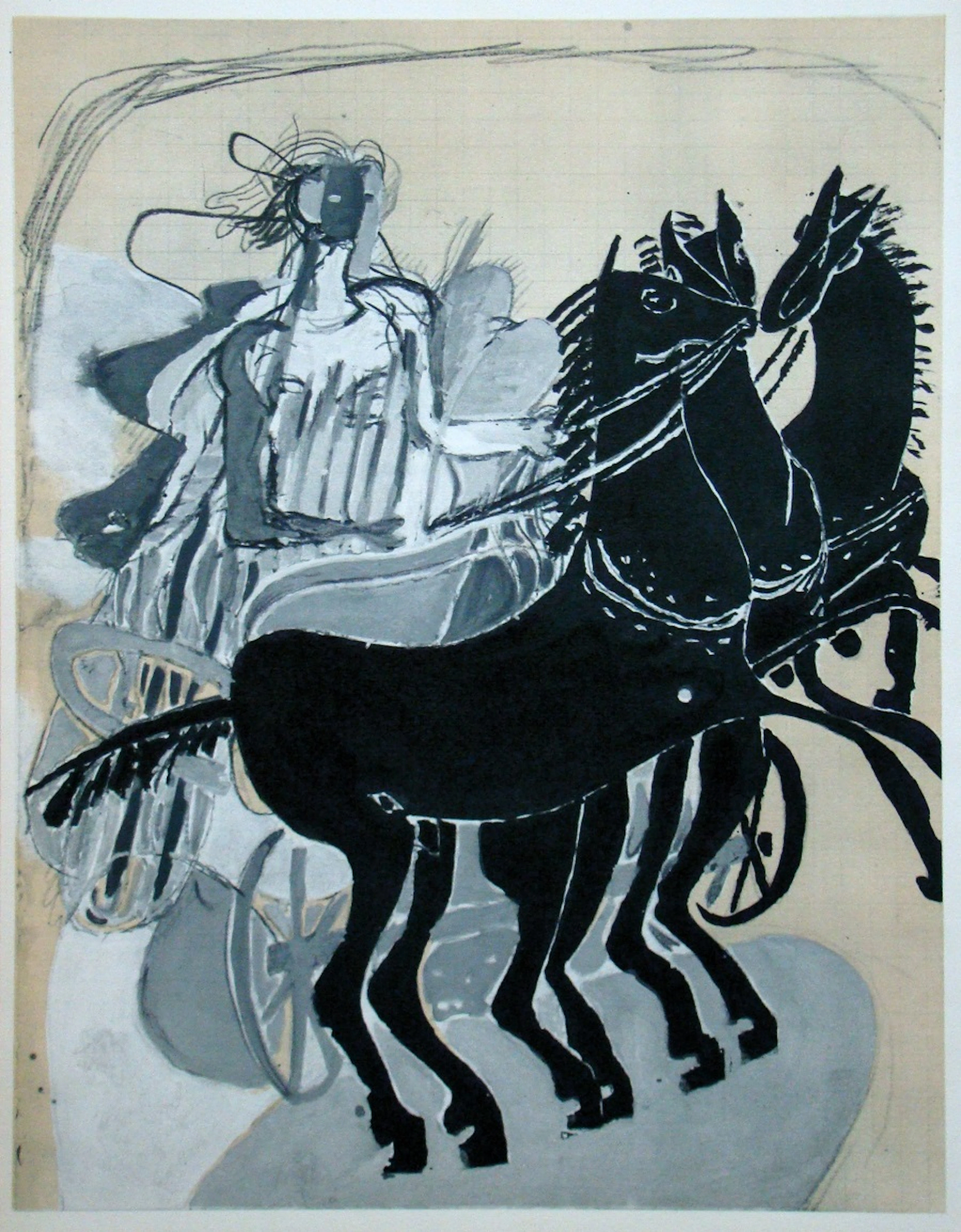 Georges BRAQUE ( d'après ) - Char avec trois chevaux, 1955 - Lithographie