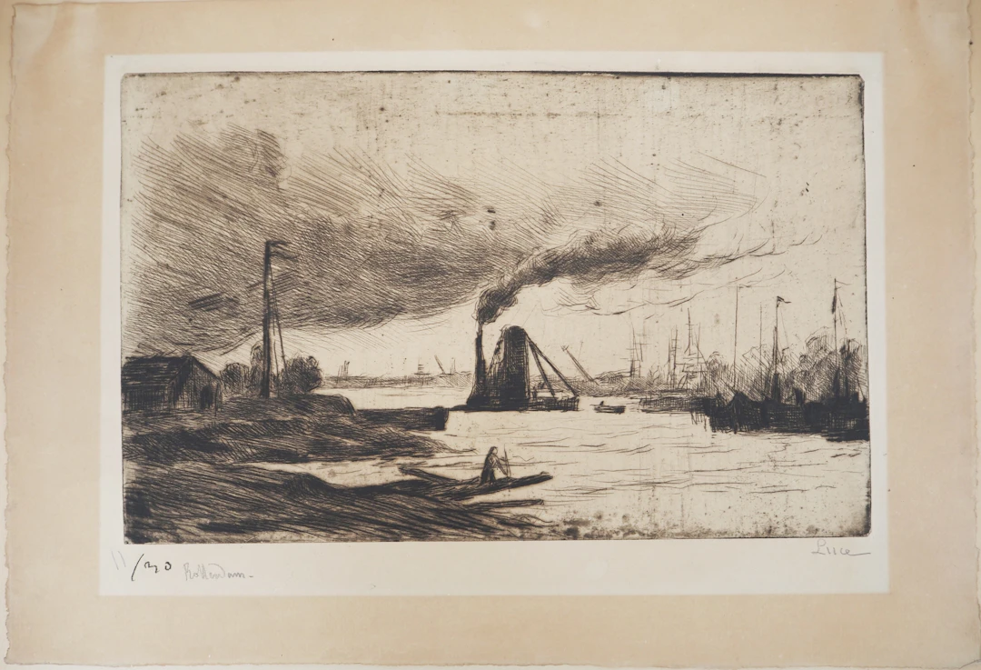 Maximilien LUCE - Rotterdam, voiliers à quai et fumée dans le port
