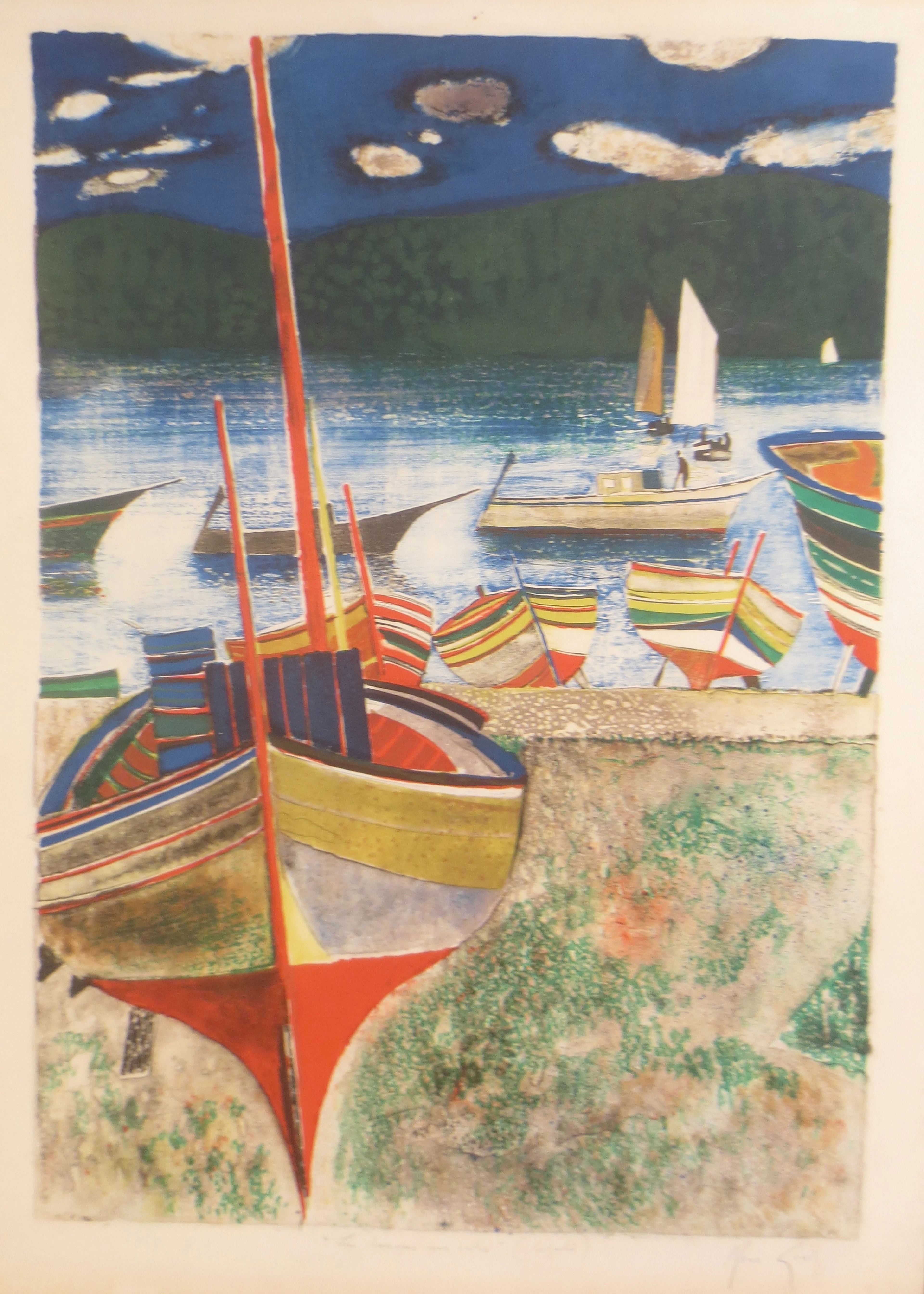 René GENIS - Les barques sur cales - Lithographie signée au crayon