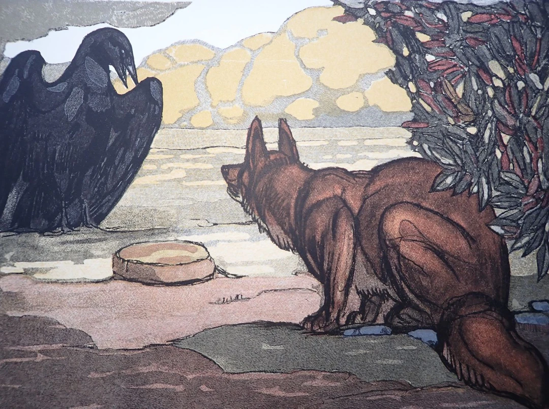 Paul JOUVE - Le renard et le corbeau - Gravure sur bois