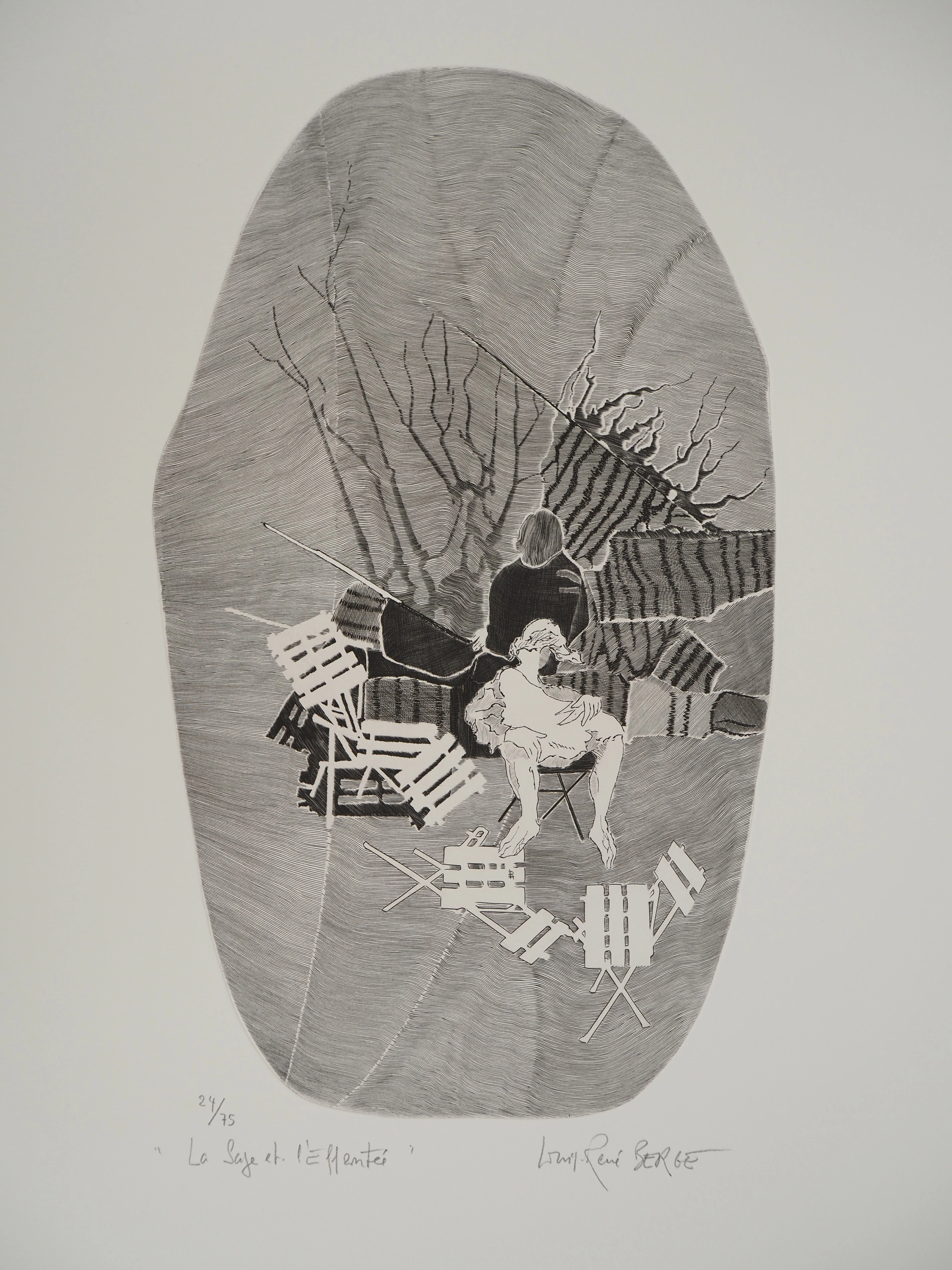 Louis-René BERGE (1927-2013), Le sage et l'effronté - Gravure sur