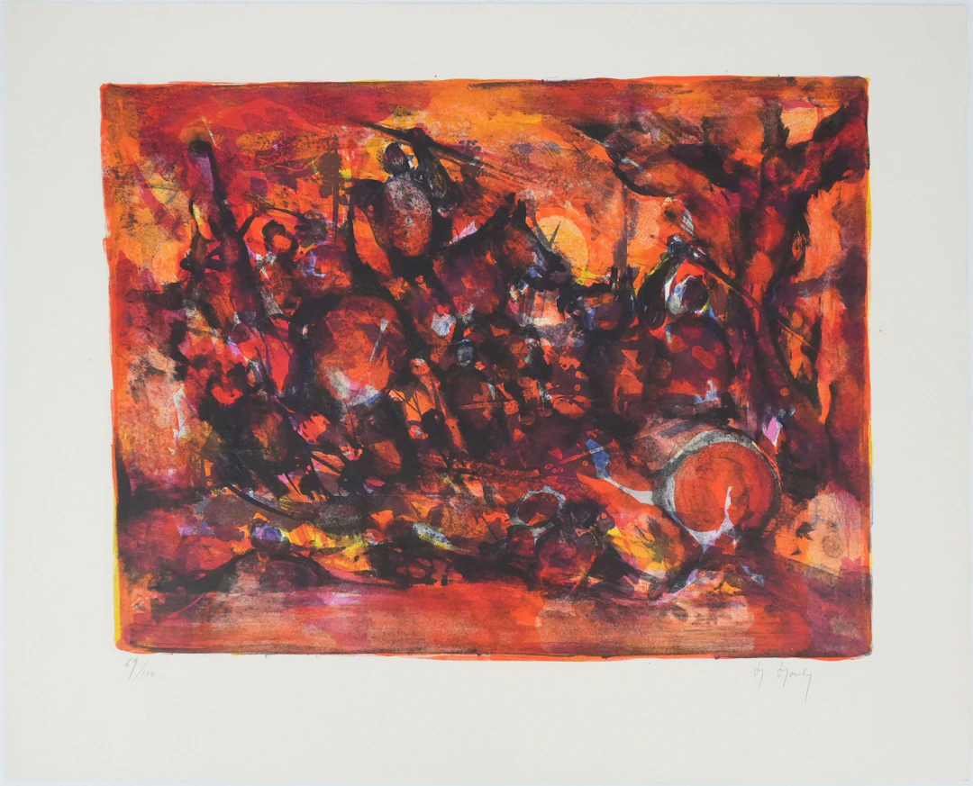 Marcel MOULY : Combat rouge, Lithographie originale signée