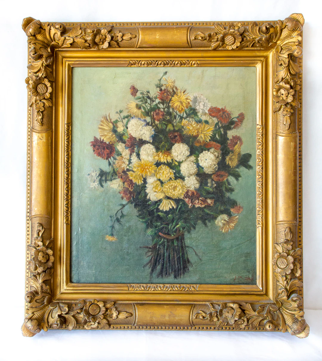 JST huile sur toile , bouquet de fleurs signée JST;datée 1887