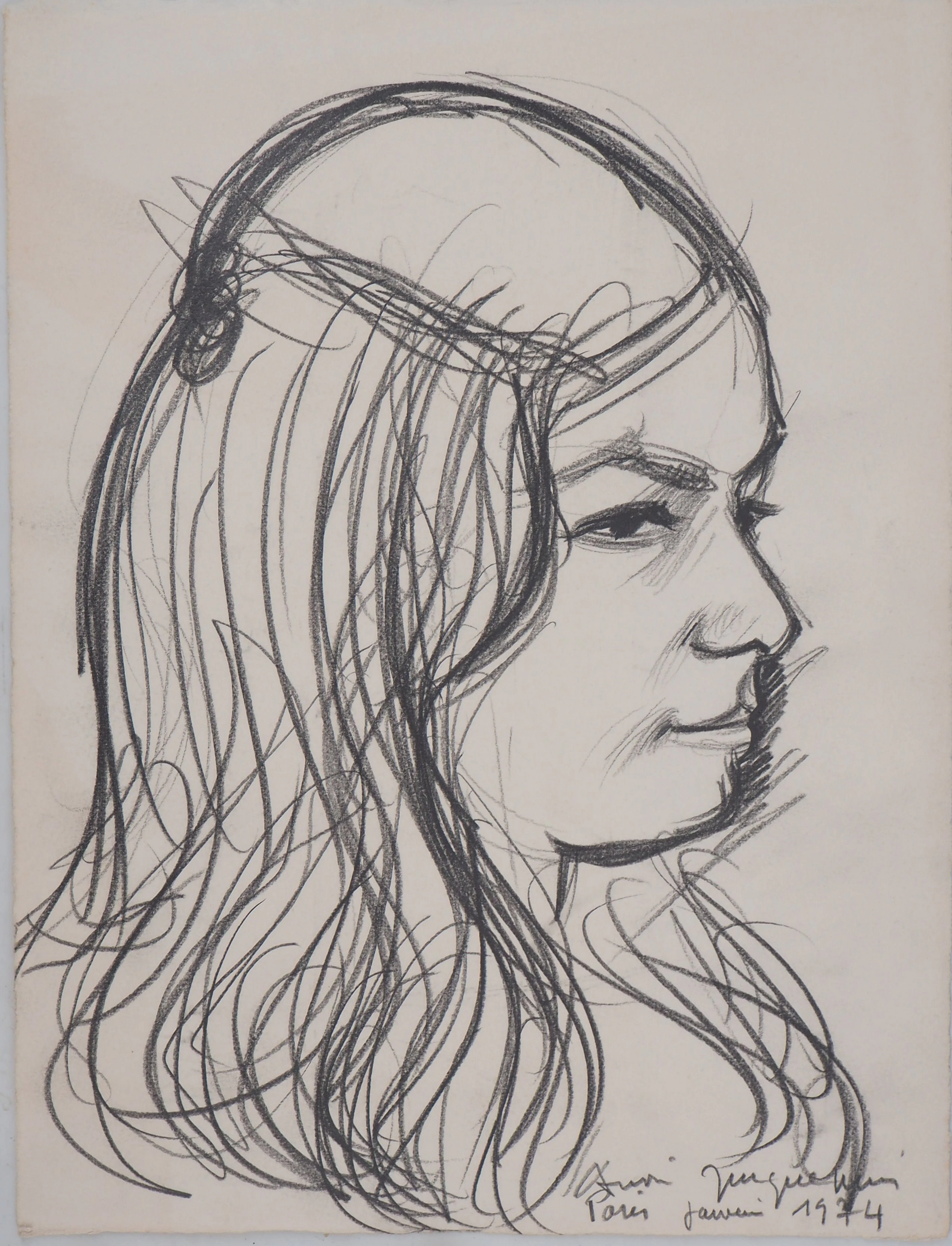 André JACQUEMIN - Modèle de profil,1974 - Dessin signé