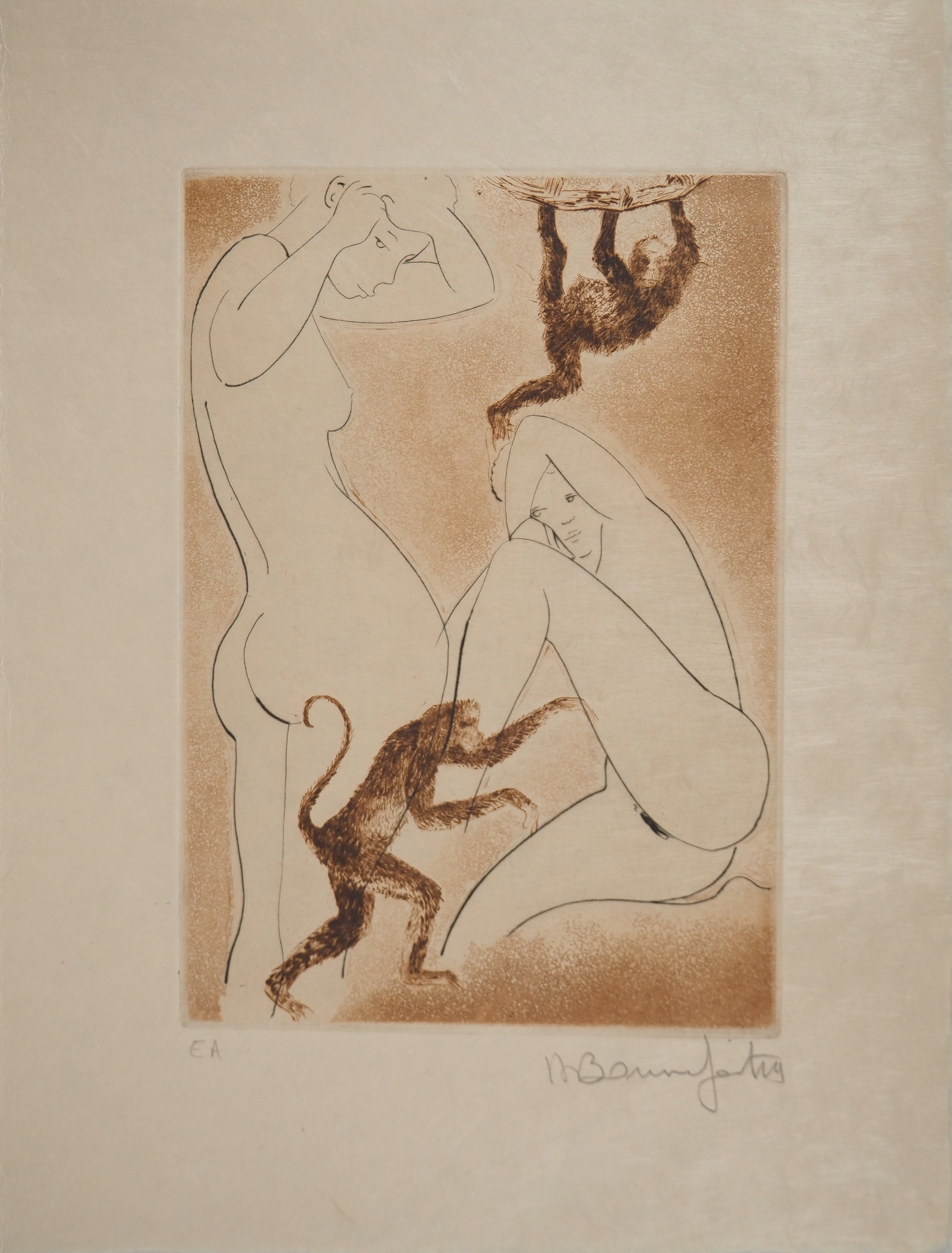 Alain BONNEFOIT : Les femmes aux singes, Gravure originale signée