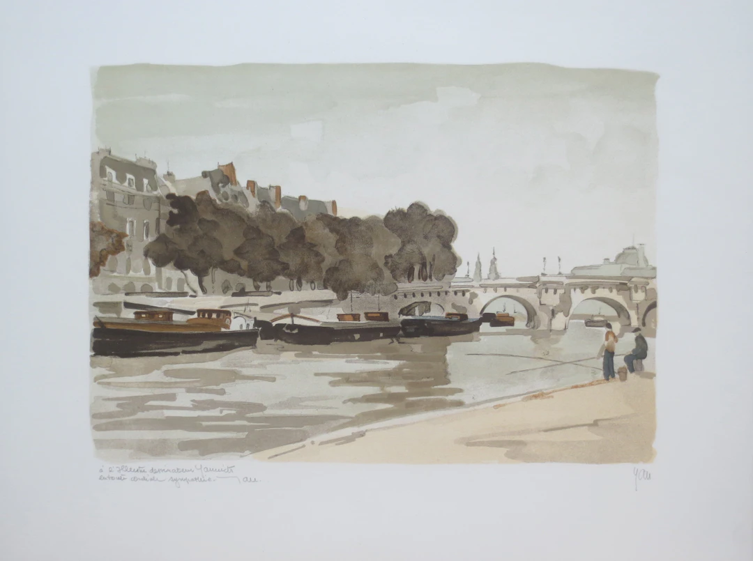 Robert YAN - Le Pont Neuf et le Louvre - Lithographie signée et dédicacée