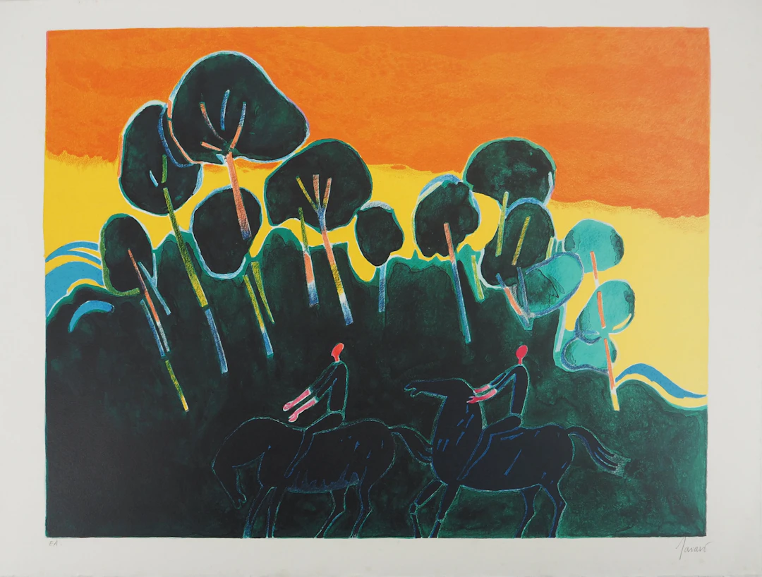 Albert ZAVARO : Coucher du soleil en promenade - Lithographie originale signée