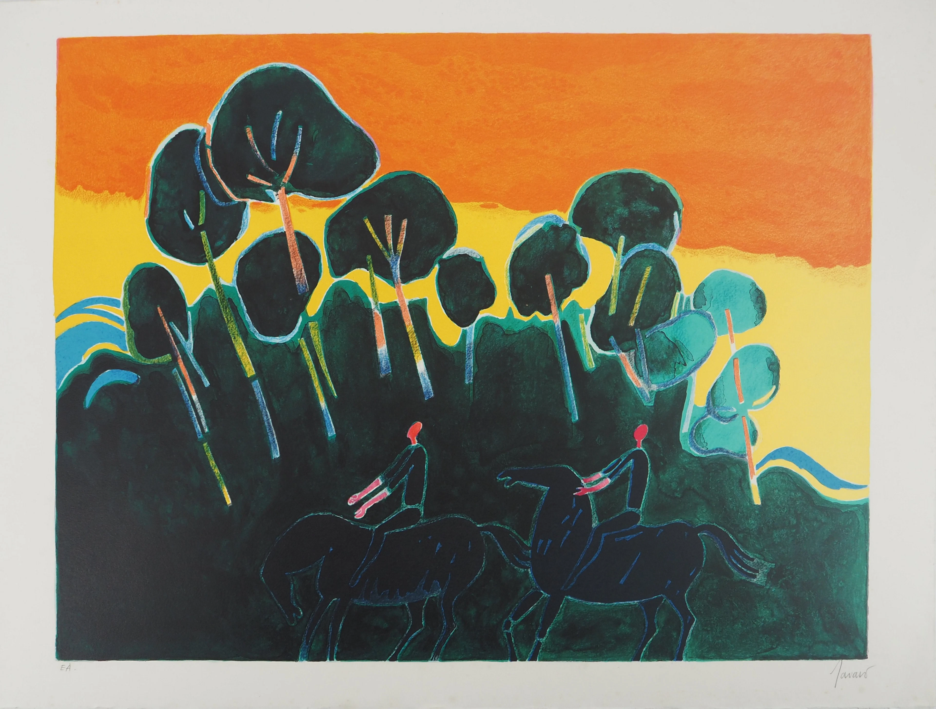 Albert ZAVARO : Coucher du soleil en promenade - Lithographie originale signée