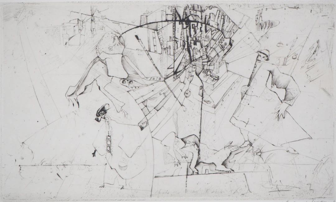 Alexis DE KERMOAL : Compression d’une ville, 1984 - Gravure Originale Signée