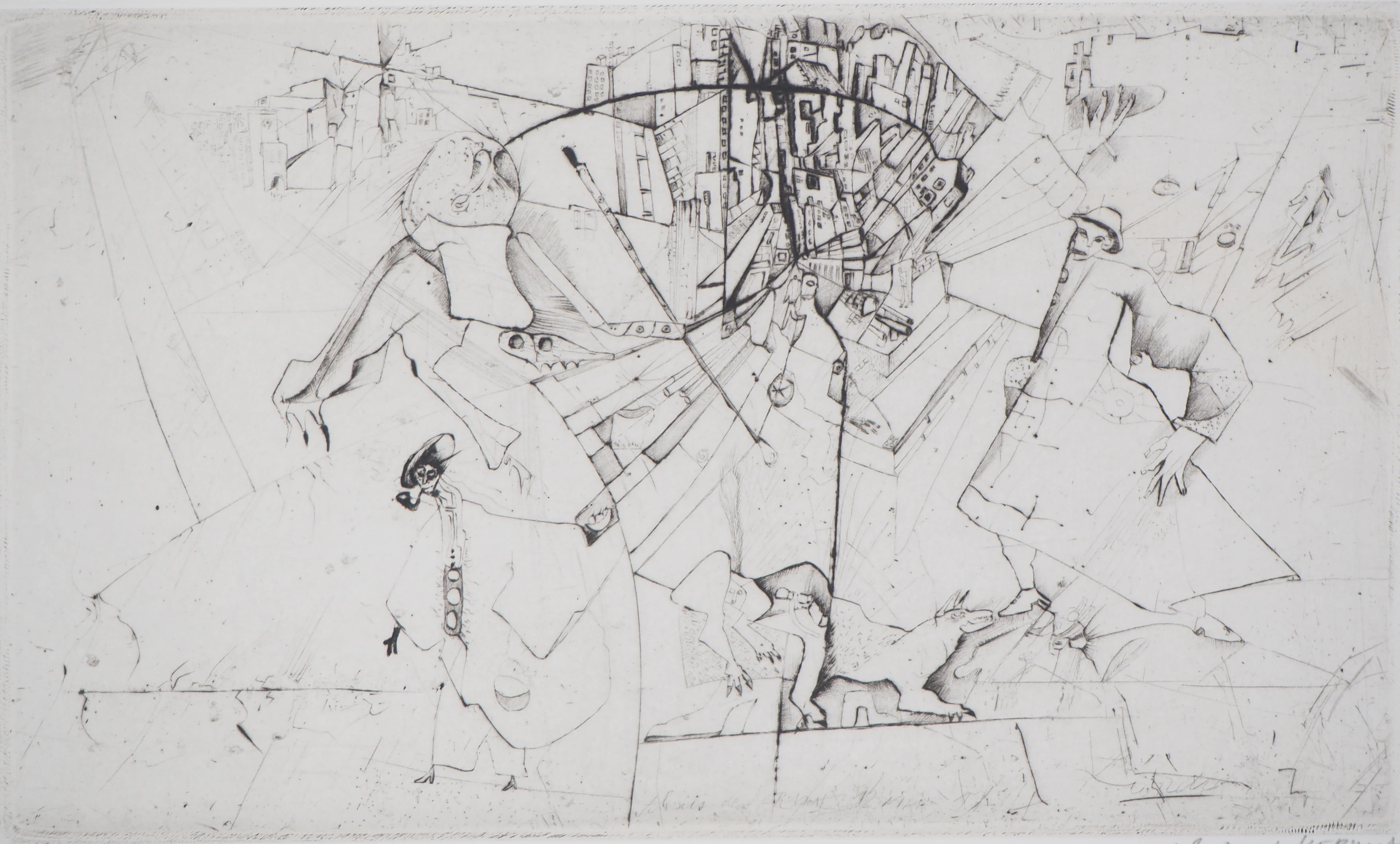 Alexis DE KERMOAL : Compression d’une ville, 1984 - Gravure Originale Signée