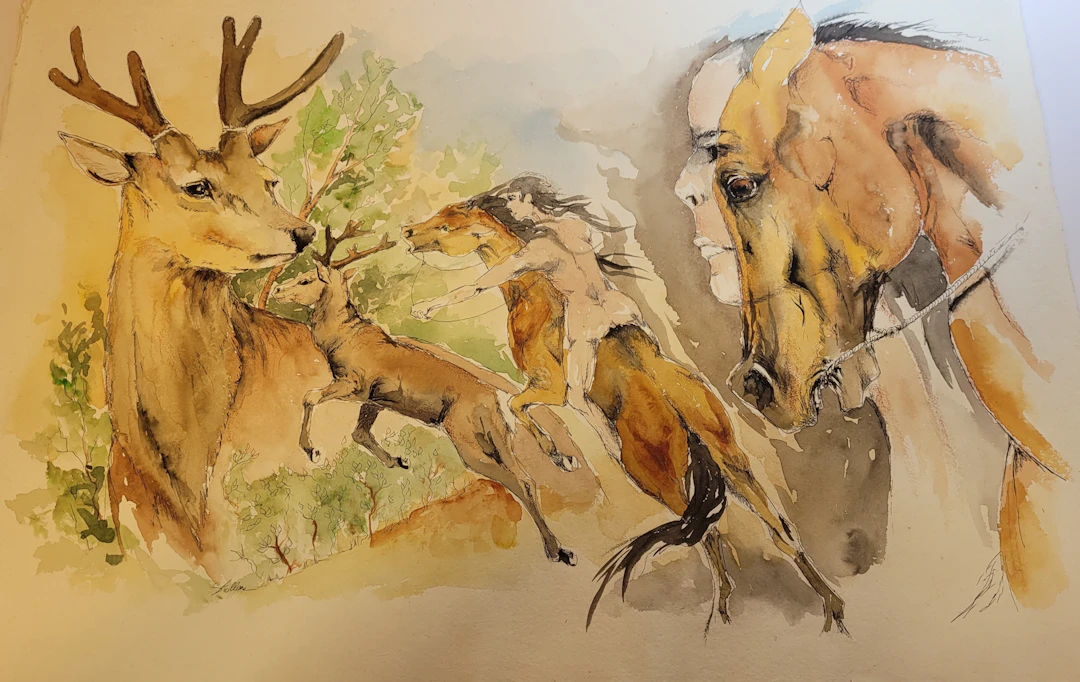 Stephen STOLLER - Le cerf voulant se venger du cheval, 1980 - Aquarelle