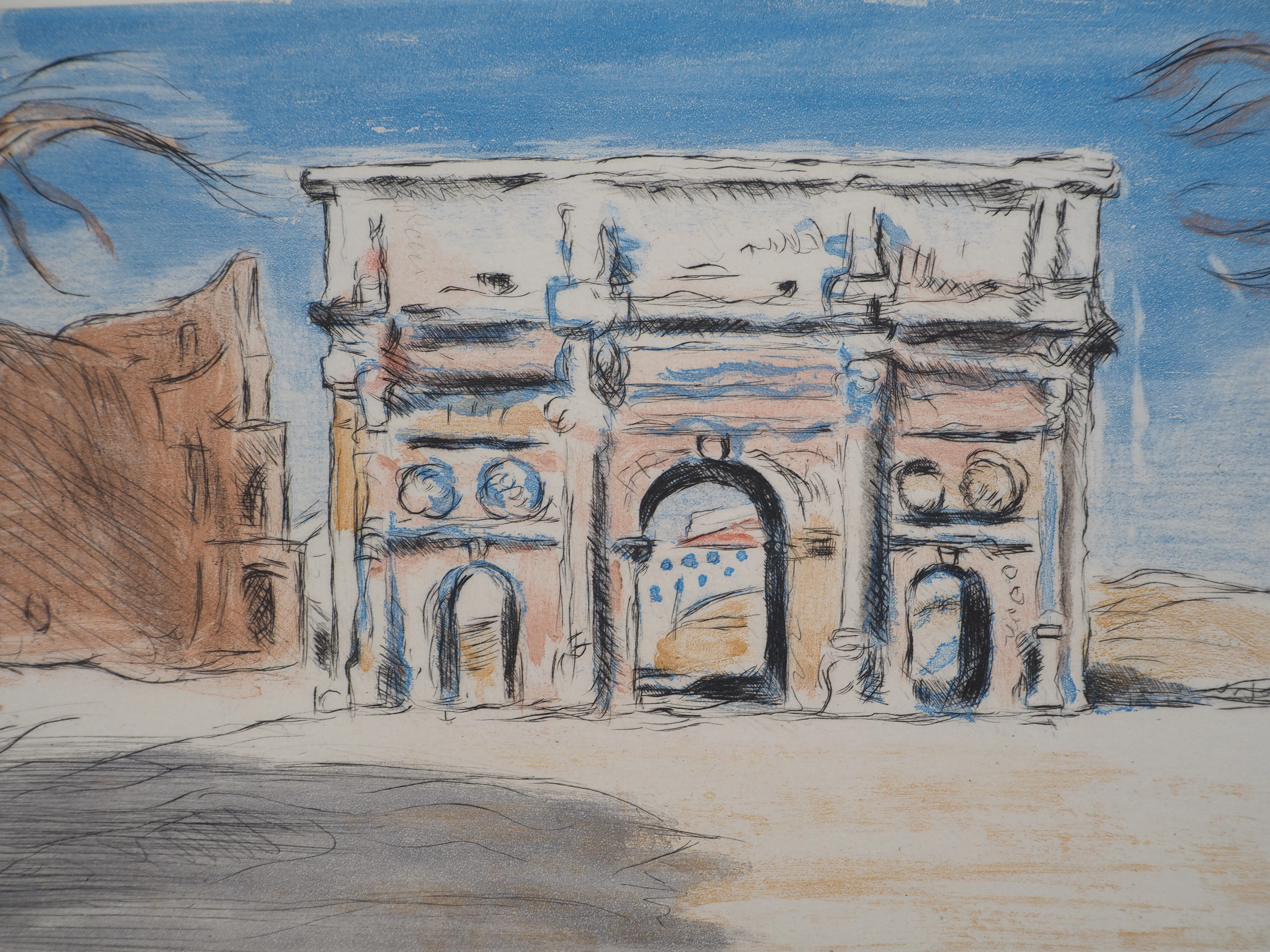 Lucien MAINSSIEUX : Le donjon gothique - Lithographie en couleurs signée, 1949