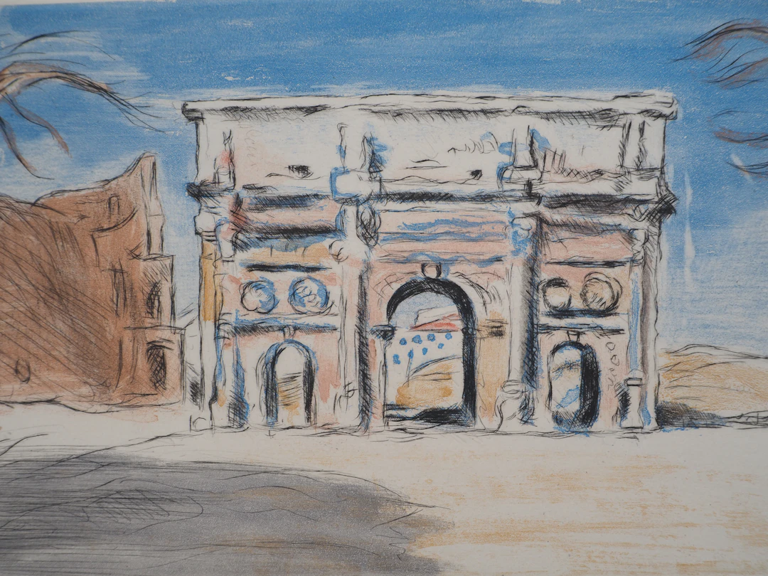 Lucien MAINSSIEUX : Le donjon gothique - Lithographie en couleurs signée, 1949