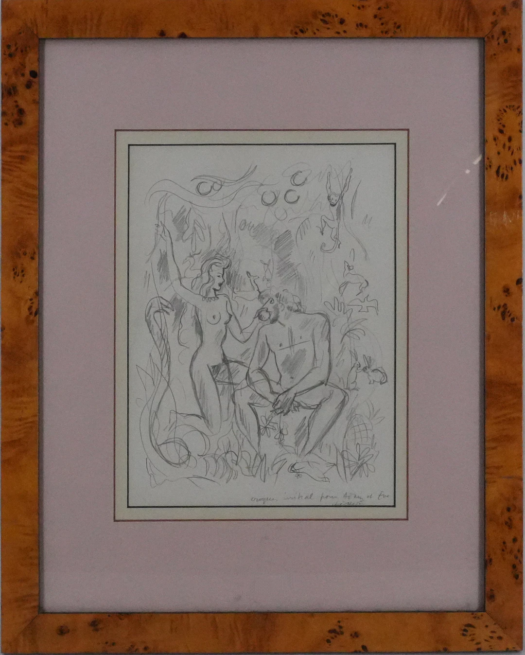 Herve BAILLE - Adam et Eve au Paradis, dessin original signé