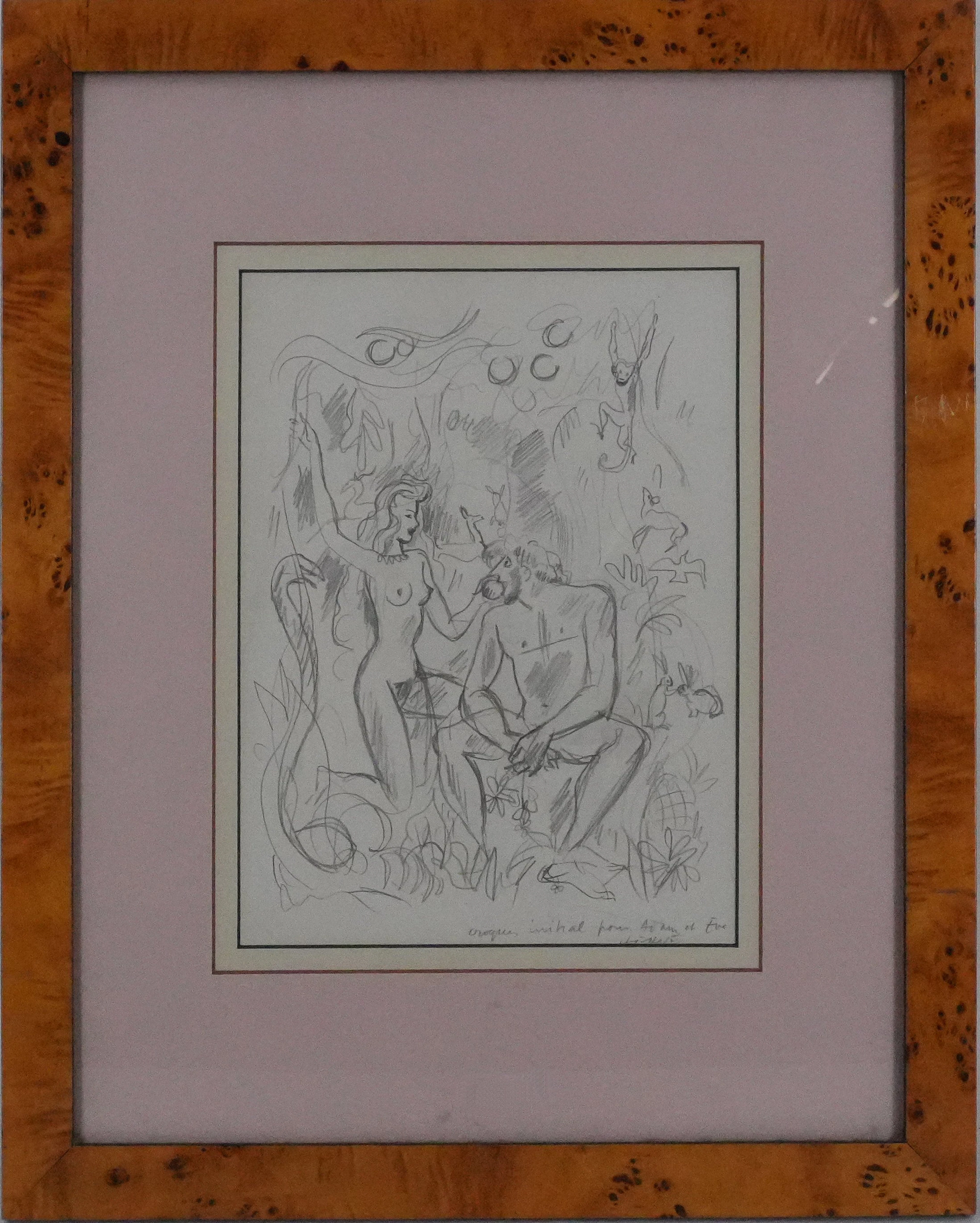 Herve BAILLE - Adam et Eve au Paradis, dessin original signé