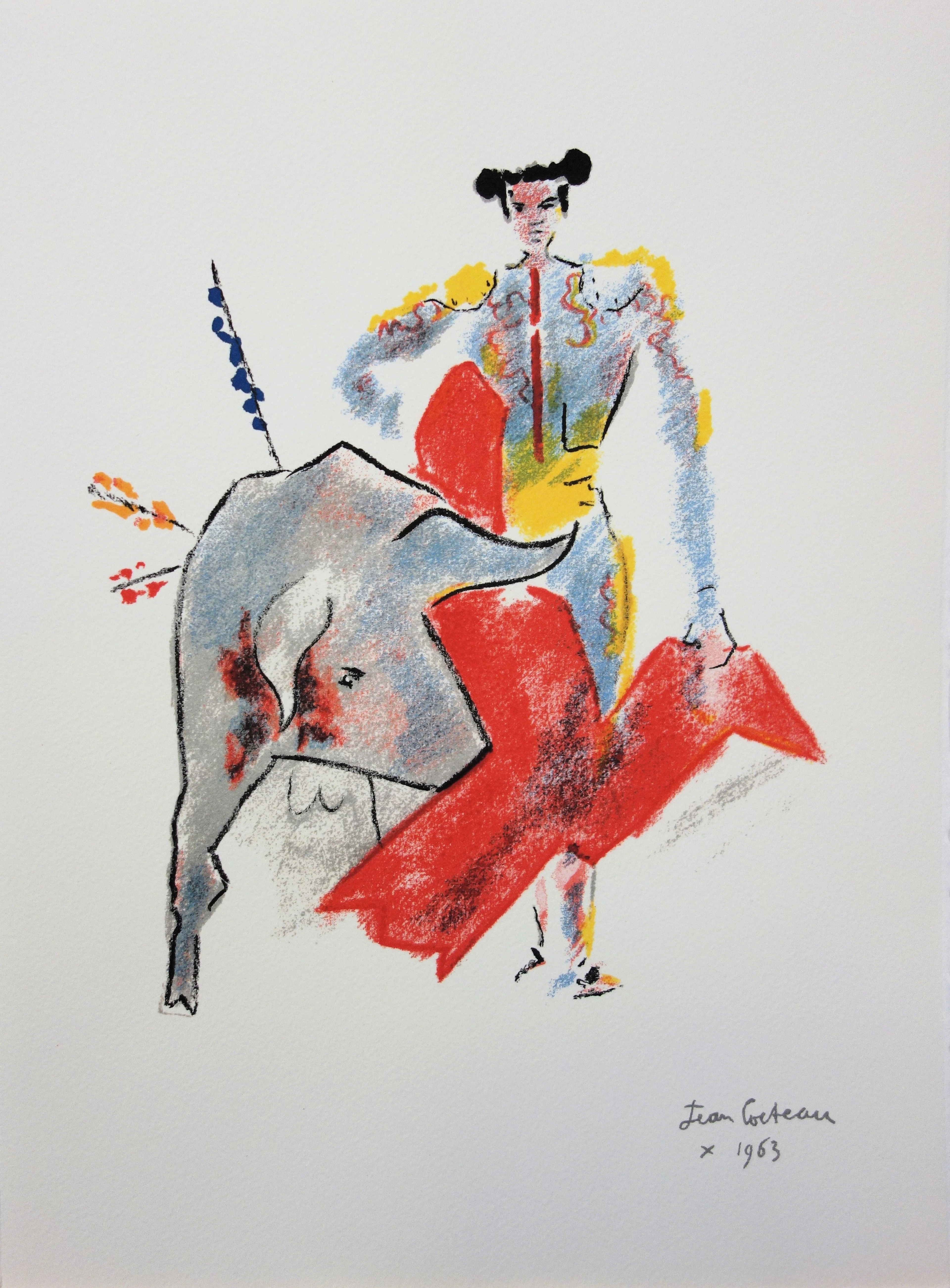 Jean COCTEAU : Torero, Passe à la cape rouge - Lithographie signée