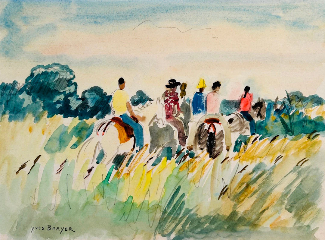 Yves BRAYER - Cavaliers en Camargue, 1970 - Aquarelle originale signée