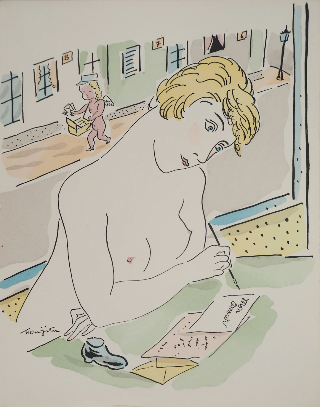 Léonard Tsuguharu FOUJITA : La lettre d’amour, Gravure originale signée