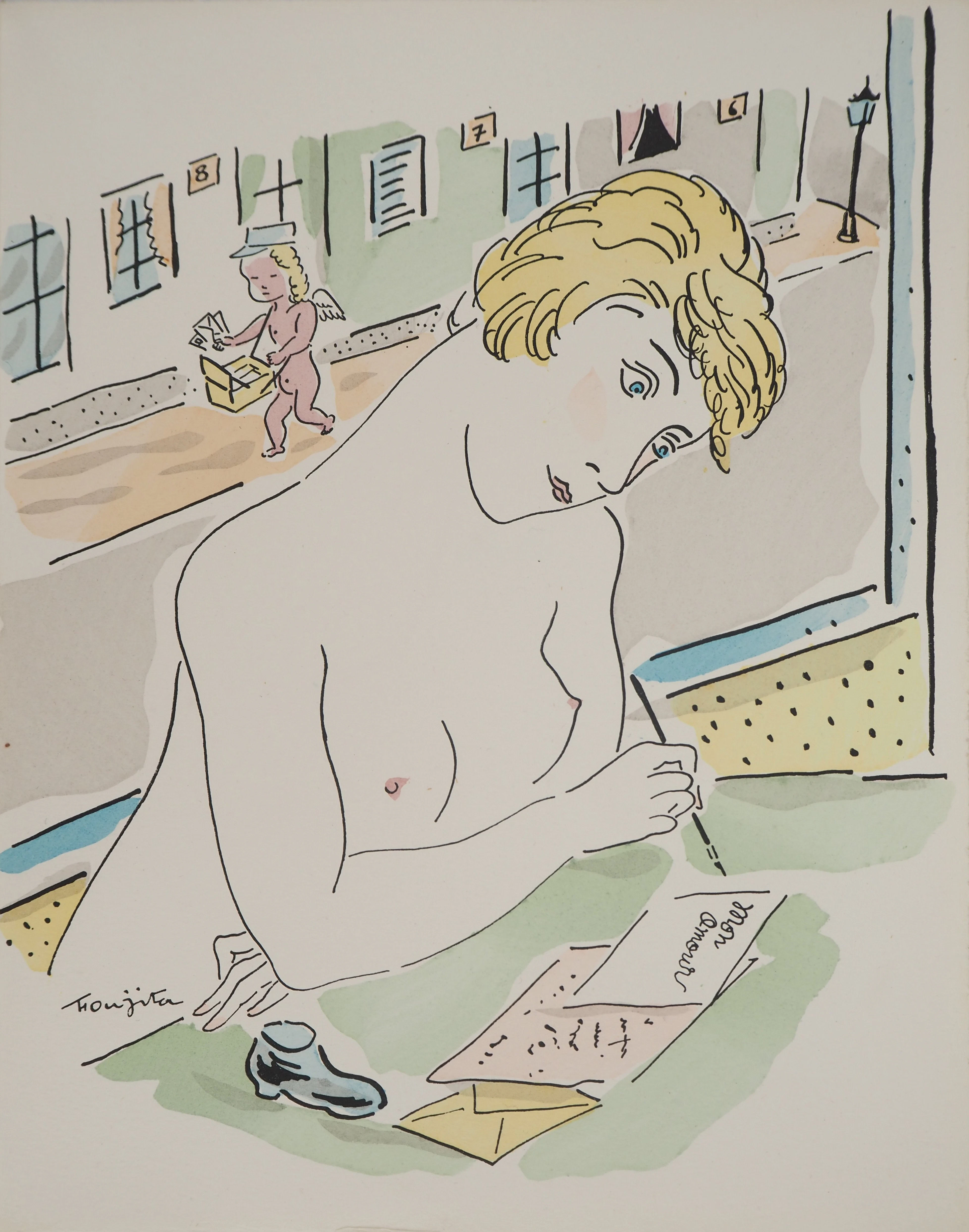 Léonard Tsuguharu FOUJITA : La lettre d’amour, Gravure originale signée