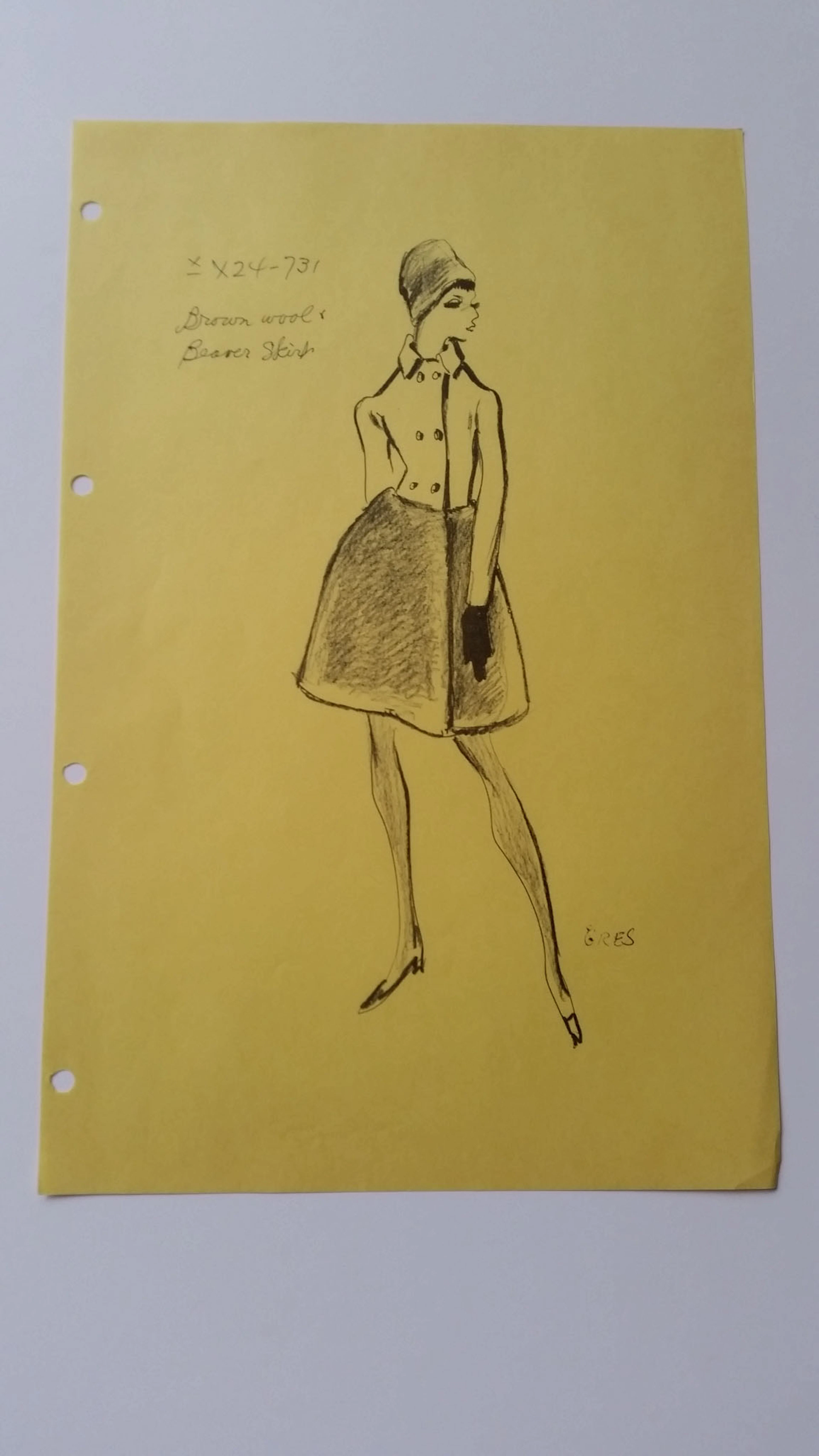 Madame Grès - Croquis manteau - Brown wool & beaver skirt