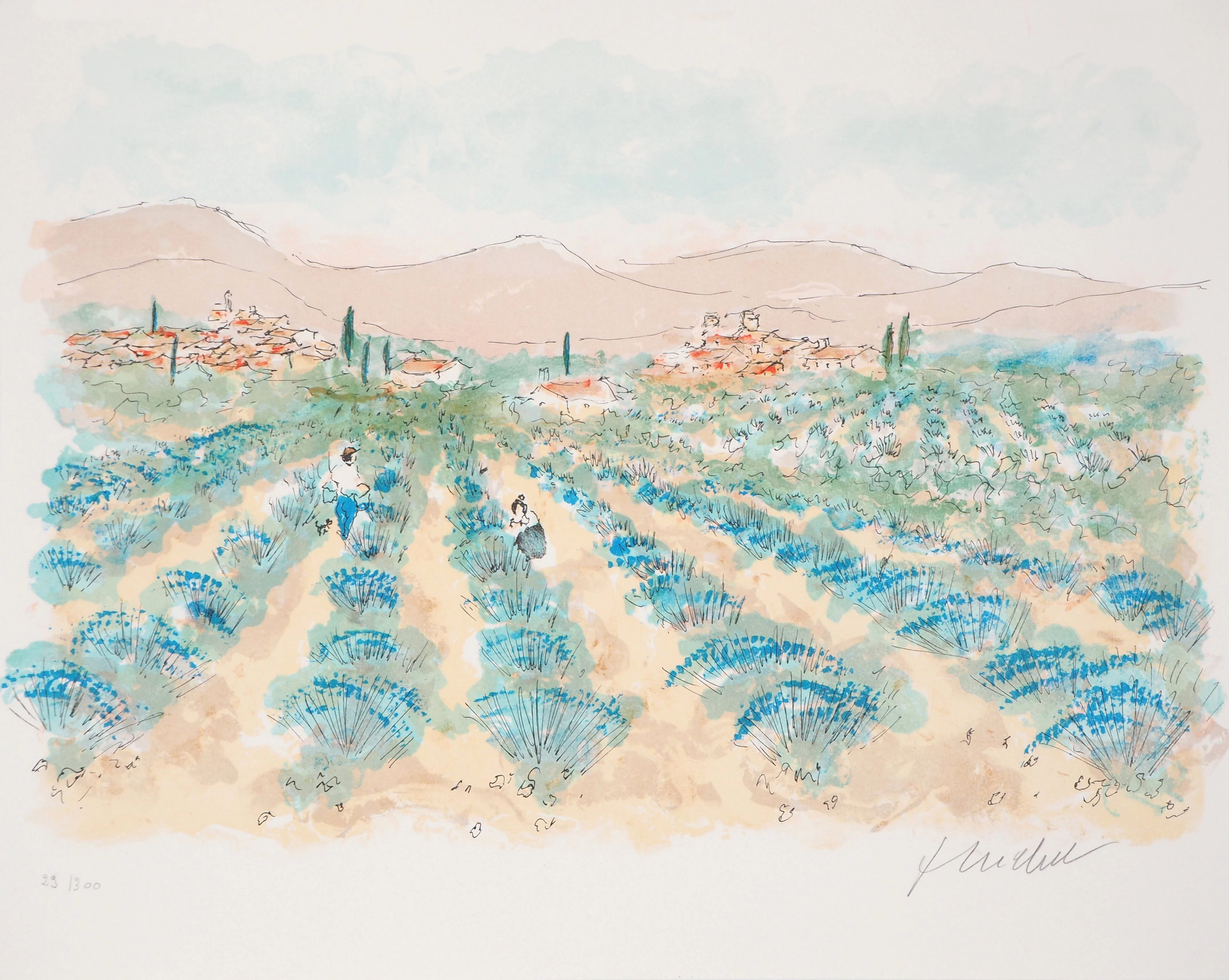Urbain HUCHET : Provence, Champs de lavande - Lithographie originale signée