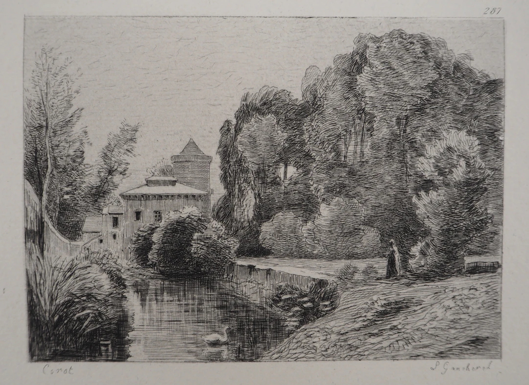 JB Camille COROT (d’après), Château et mare - Gravure, Signée #Durand