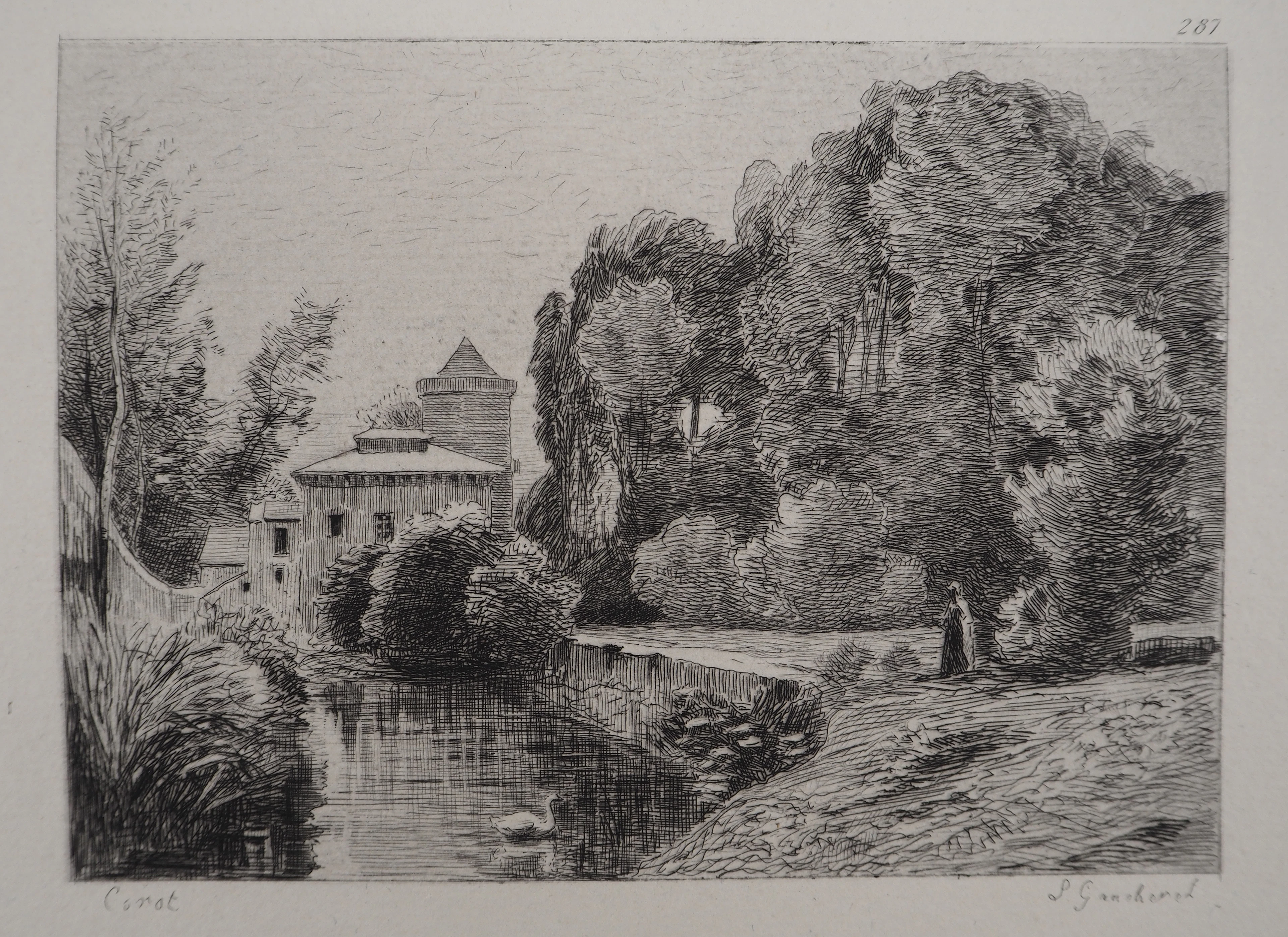 JB Camille COROT (d’après), Château et mare - Gravure, Signée #Durand