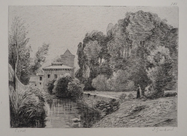 JB Camille COROT (d’après), Château et mare - Gravure, Signée #Durand