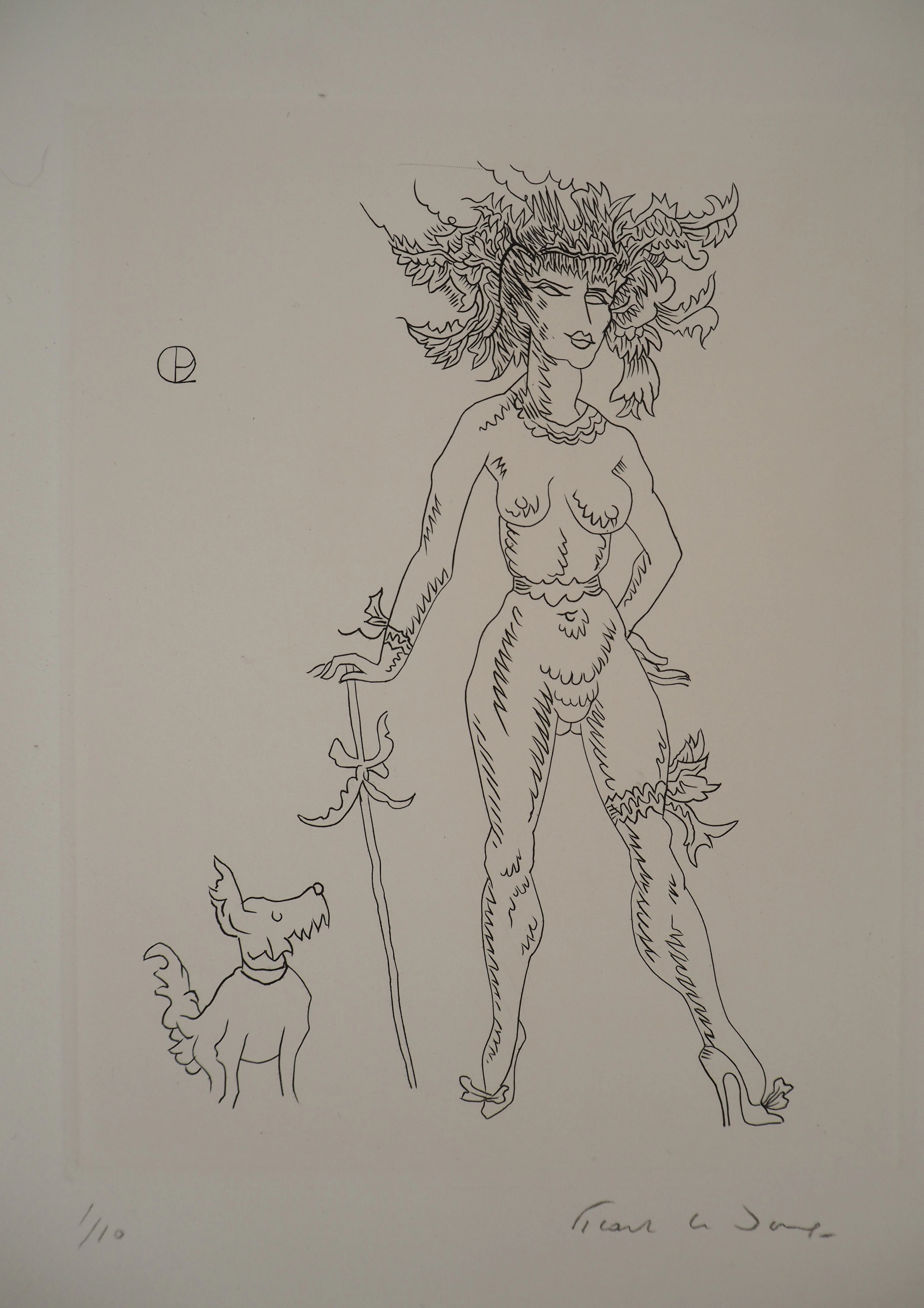 Charles PICART LE DOUX : Jeune femme au chien - Gravure originale signée