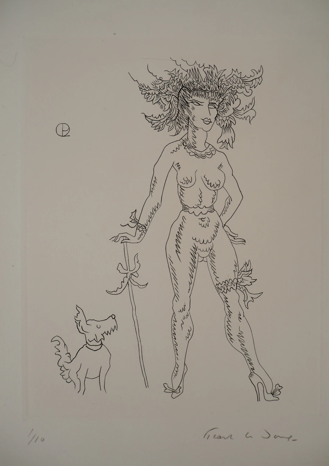 Charles PICART LE DOUX : Jeune femme au chien - Gravure originale signée