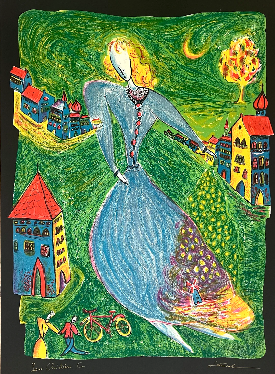 Guy Sénécal - Lithographie signée , Femme à la robe bleue