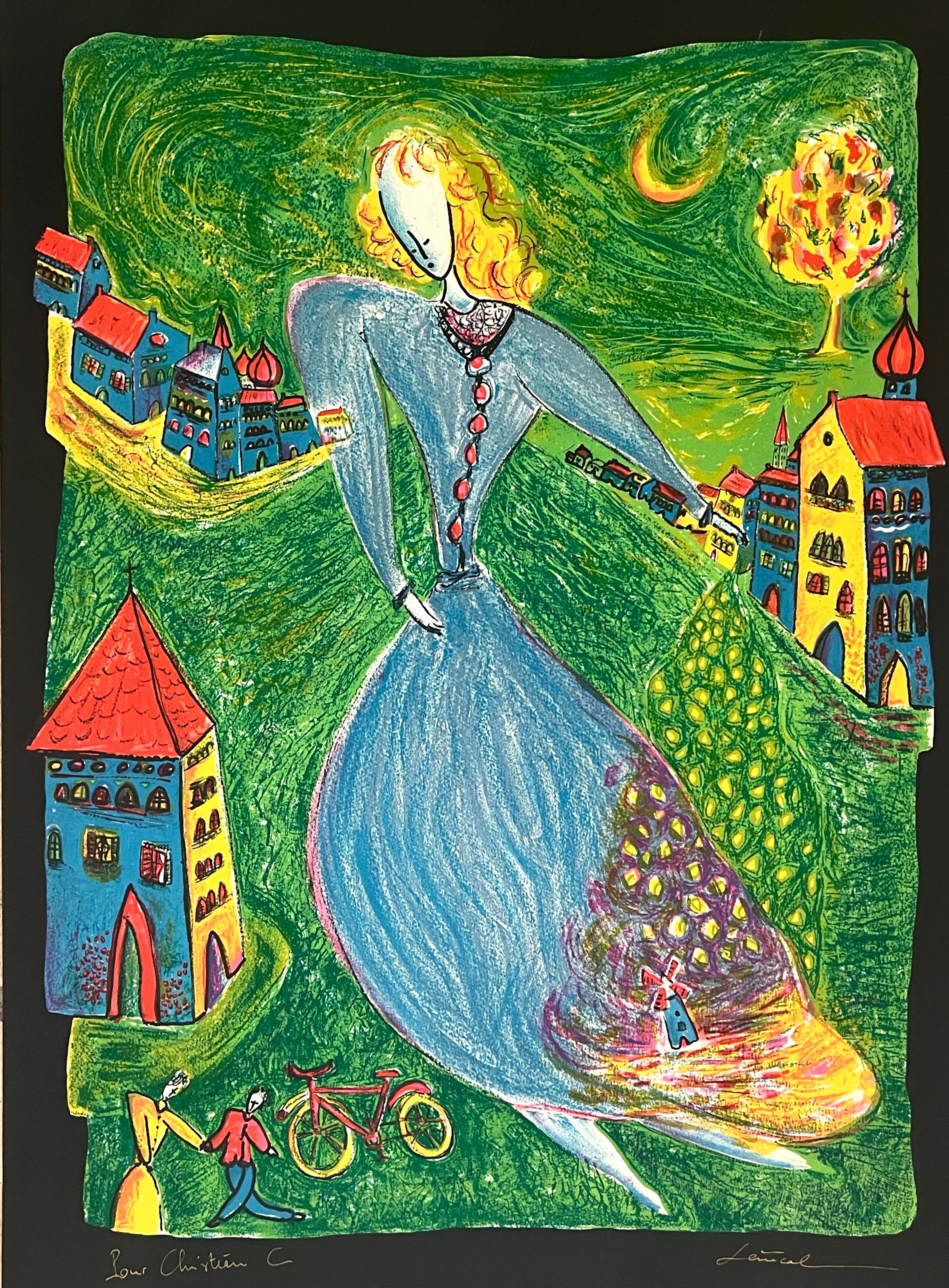 Guy Sénécal - Lithographie signée , Femme à la robe bleue