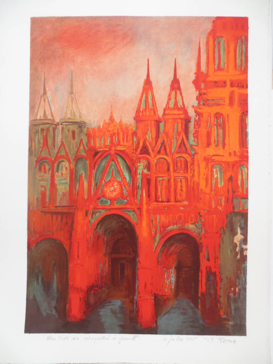 Marcel PELTIER - La cathédrale rouge - Lithographie signée et dédicacée