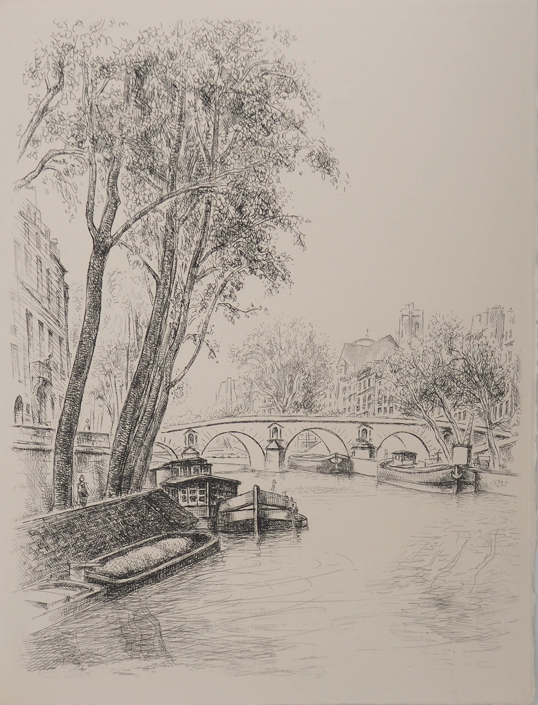 Robert LOTIRON : Péniche vers l’Ile Saint Louis, Gravure originale signée