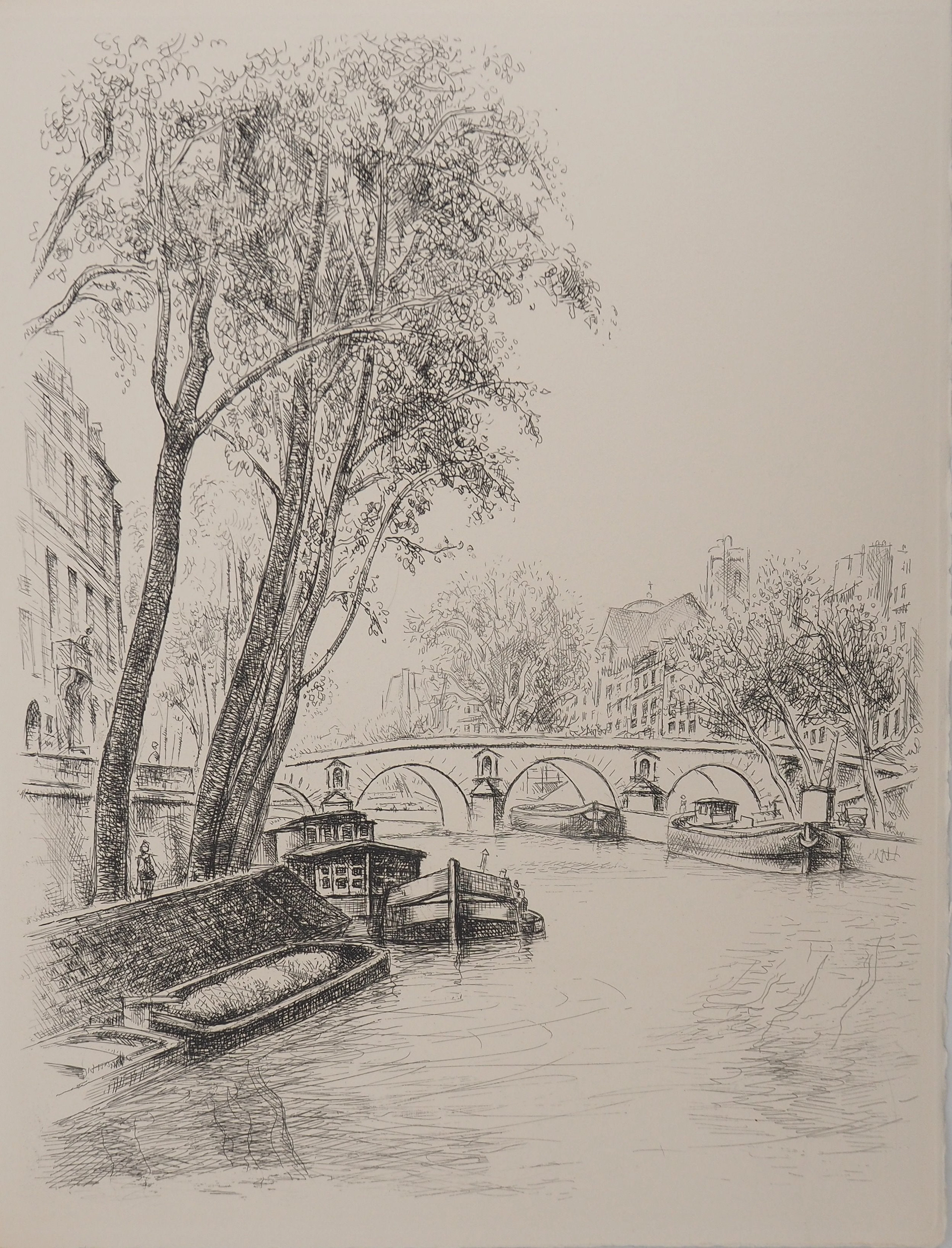 Robert LOTIRON : Péniche vers l’Ile Saint Louis, Gravure originale signée