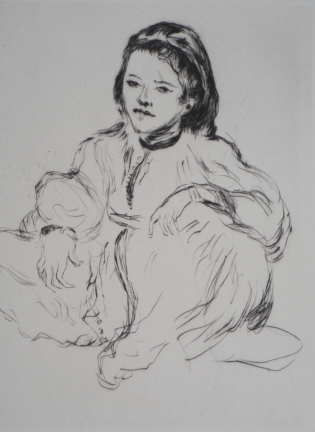 Lucien MAINSSIEUX : Marocaine accroupie - gravure originale signée, 1949