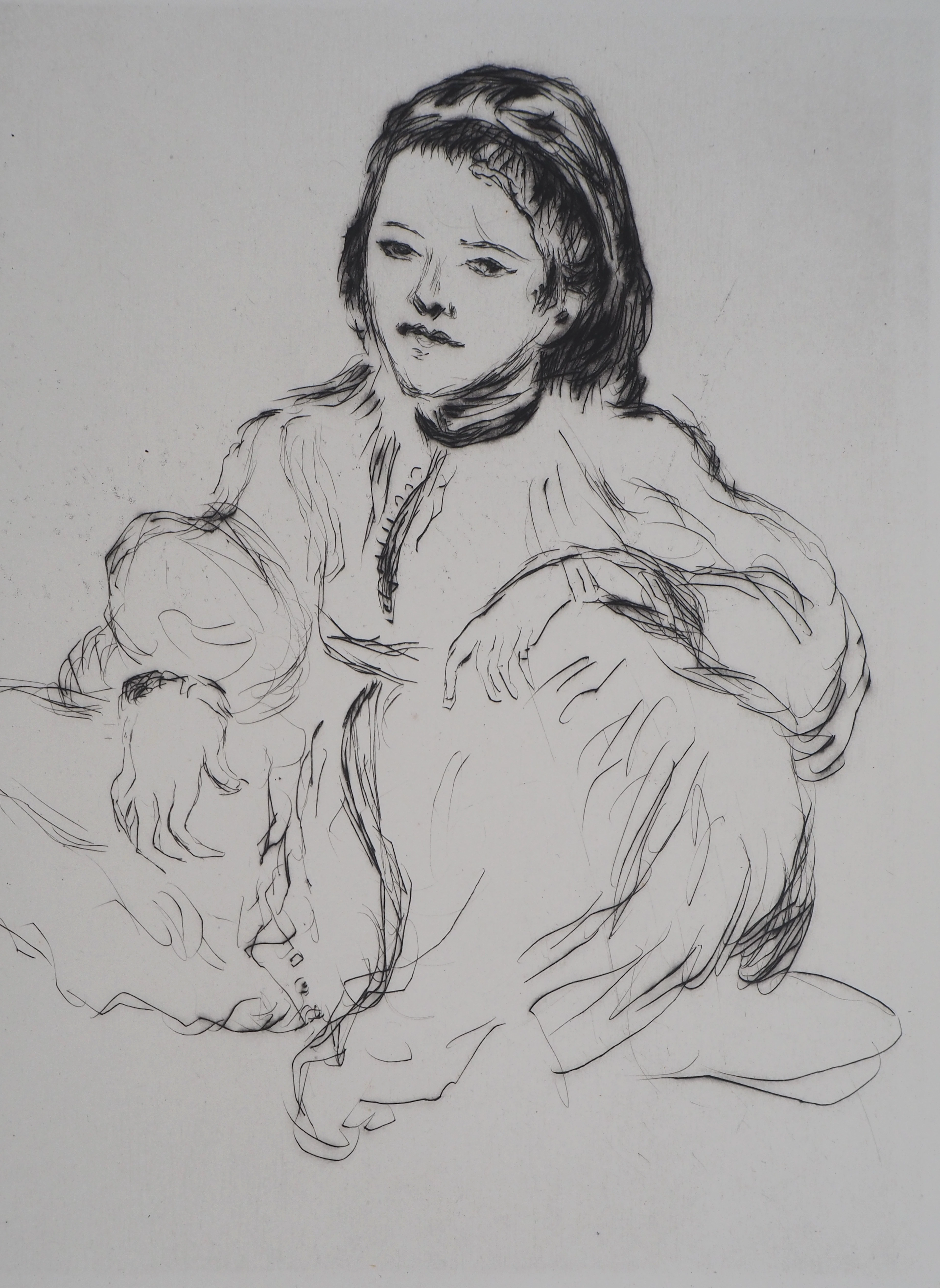 Lucien MAINSSIEUX : Marocaine accroupie - gravure originale signée, 1949