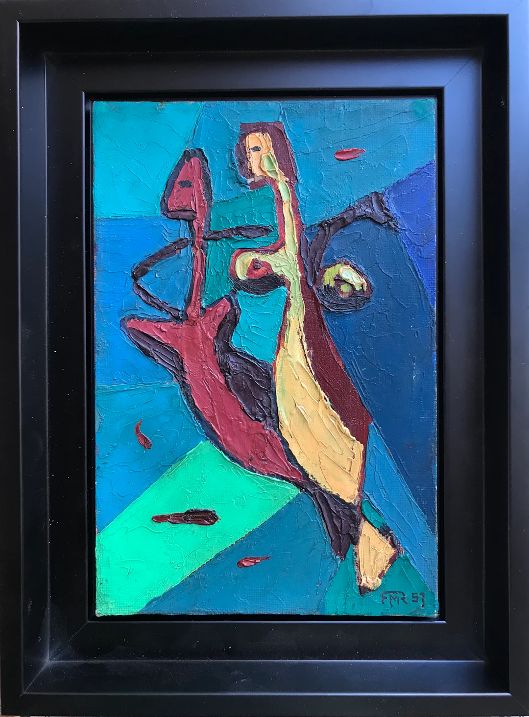 René MARIE - Hippocampes ,1957 - Huile sur toile cartonnée signée.