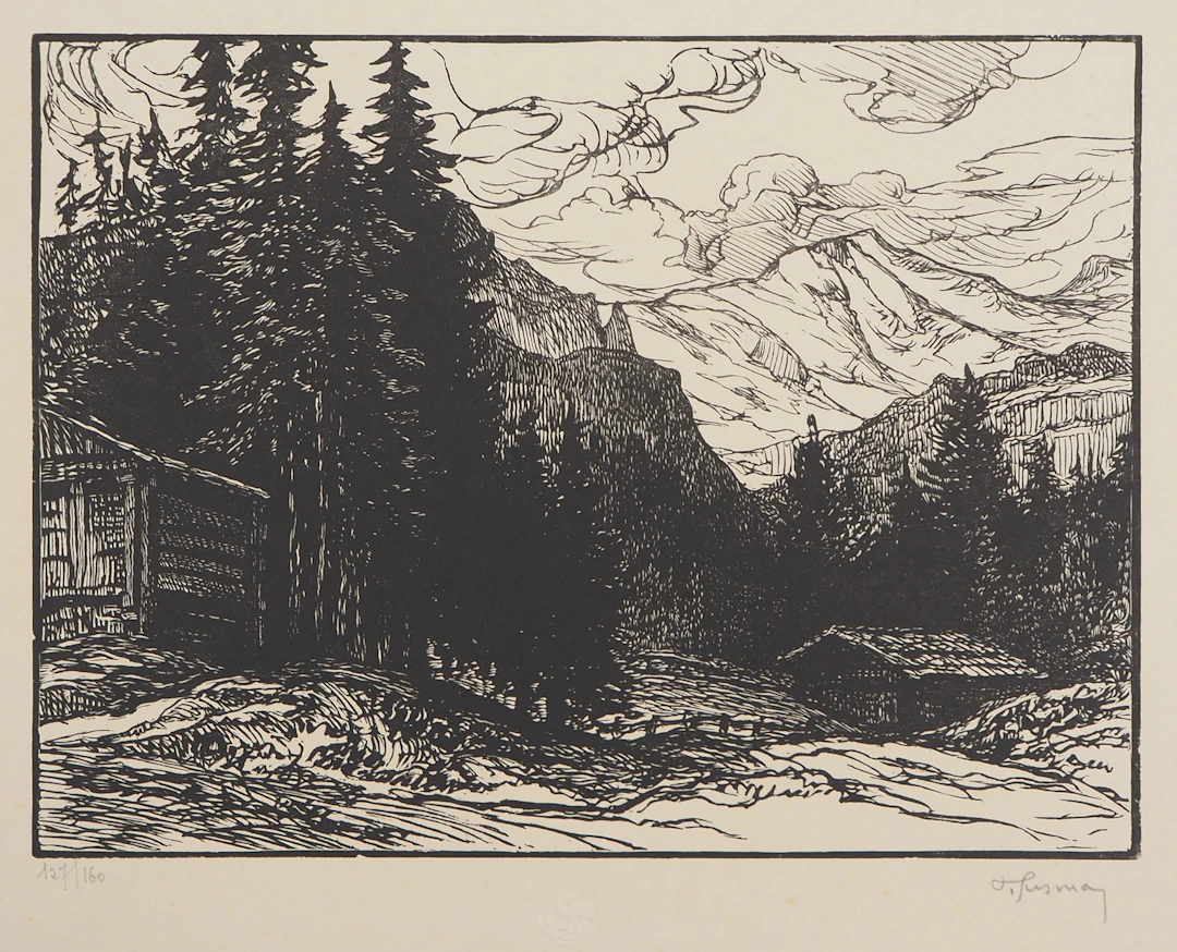 Pierre GUSMAN : Suisse: La Jungfrau à Wengen, 1924 - Bois gravé original signé