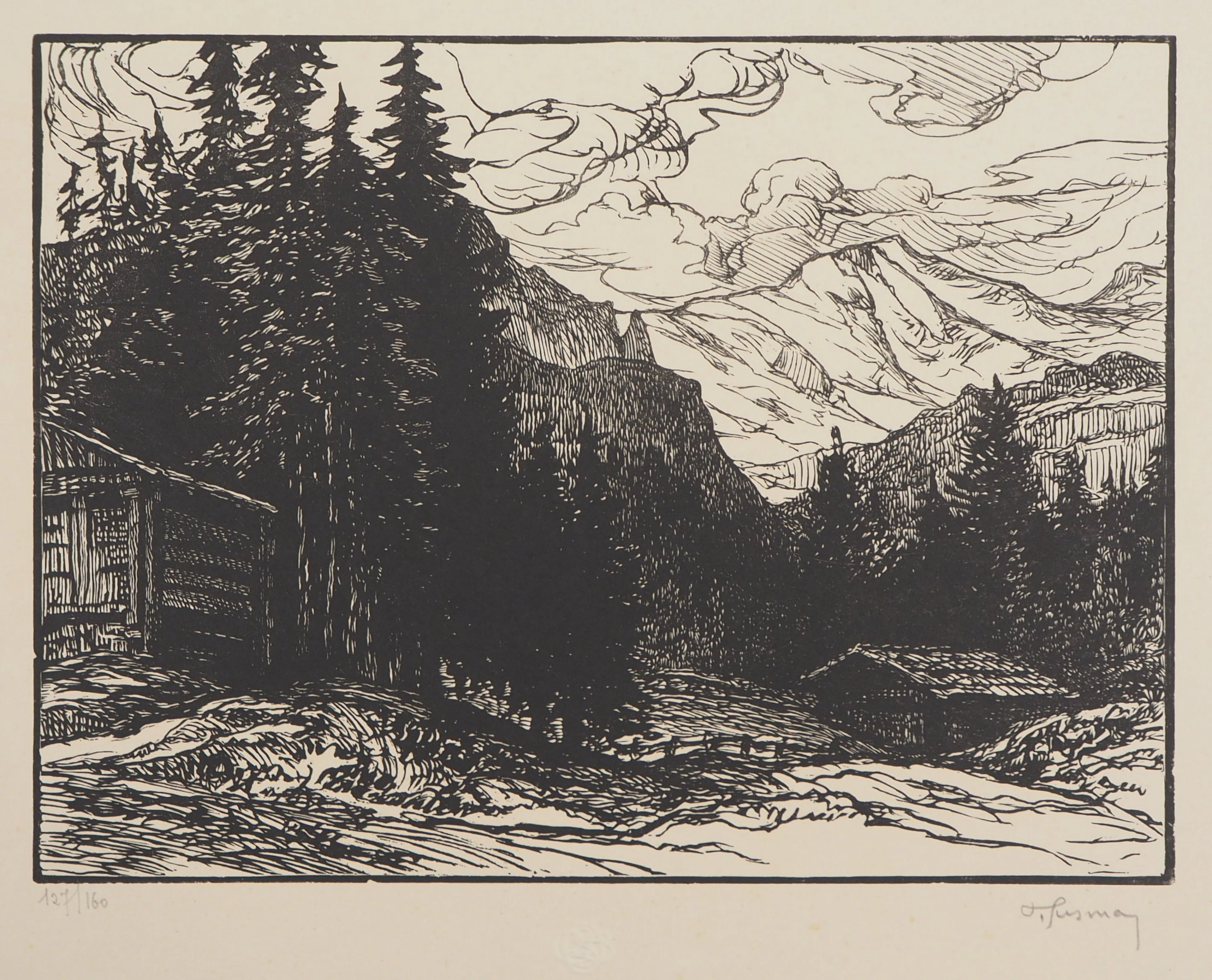Pierre GUSMAN : Suisse: La Jungfrau à Wengen, 1924 - Bois gravé original signé