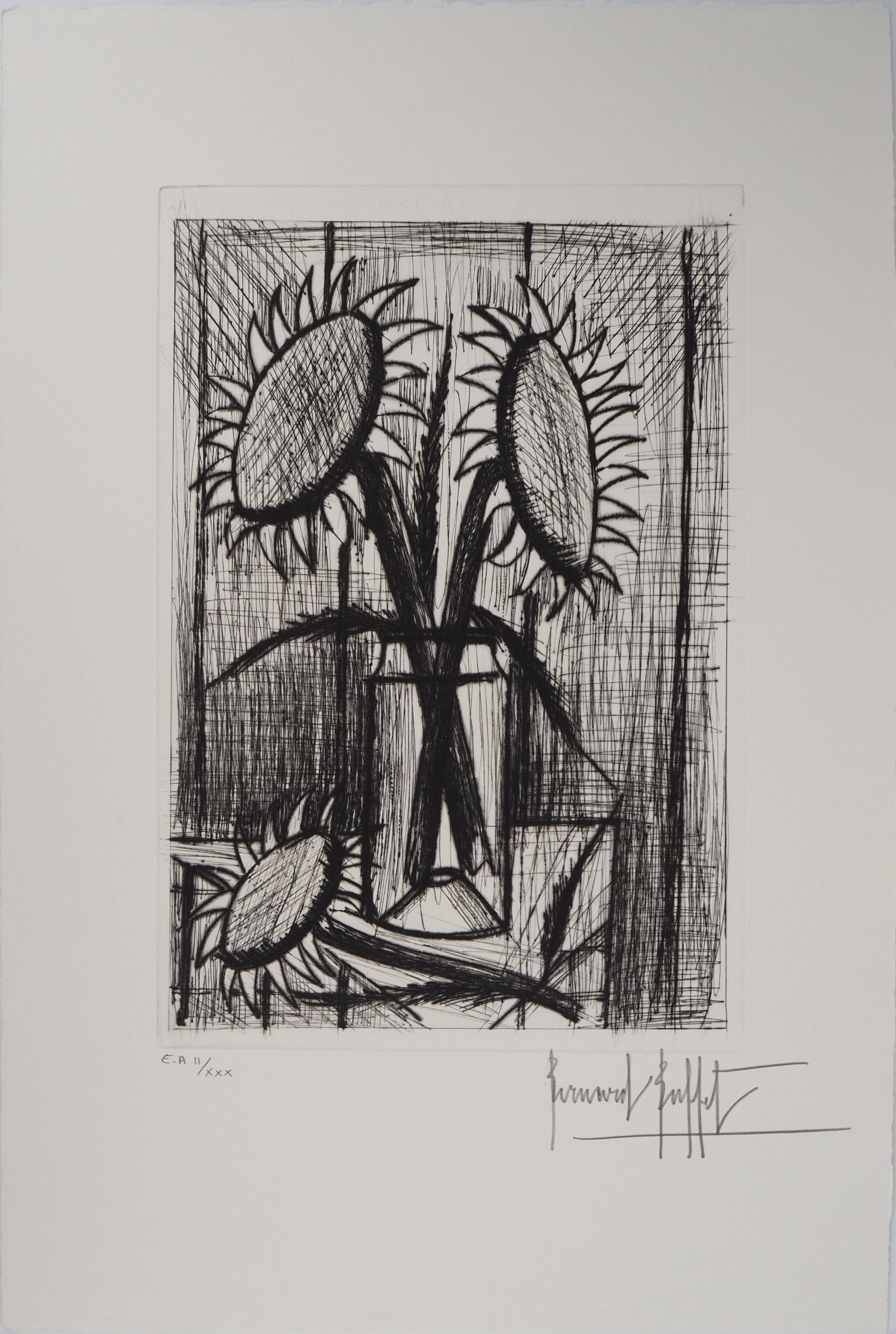 Bernard BUFFET : Bouquet de Tournesols, Les Soleils, Gravure originale signée