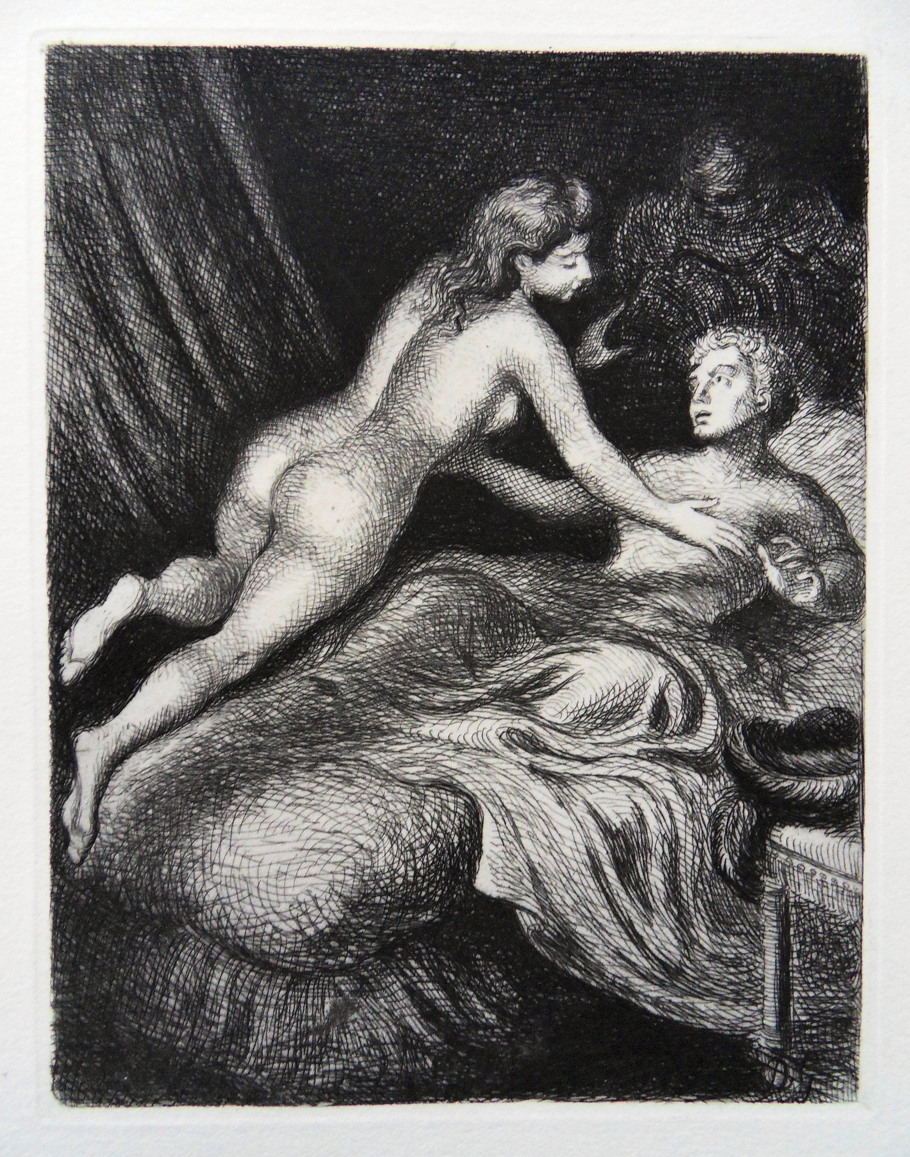 Démétrios GALANIS : Amants au lit - Gravure originale Signée, 1942